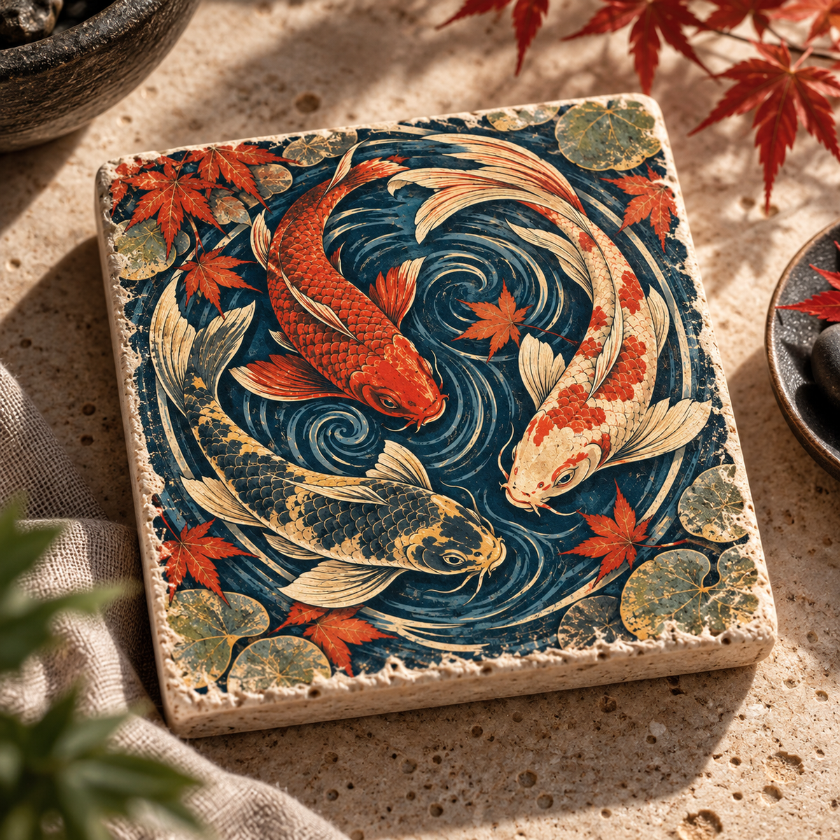 Koi im Wirbel | Kleines Kunstwerk aus Travertin