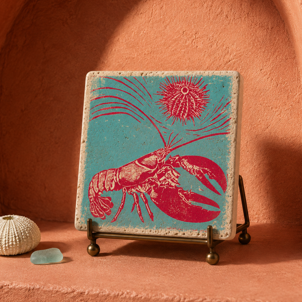 Mare No. 10 – Hummer unter der Meeresblüte | kleines Kunstwerk aus Travertin