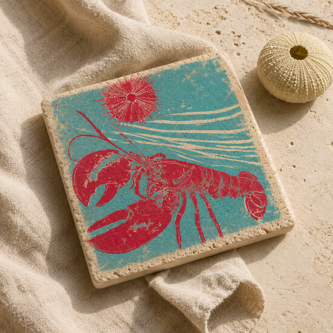 Quadratische Travertin-Dekofliese mit magentafarbenem Hummer, Seeigel und Wellenlinien auf türkisfarbenem Grund. Die 10 × 10 cm große Fliese liegt auf hellem Leinen und sandfarbenem Naturstein neben einem Seeigelgehäuse.

