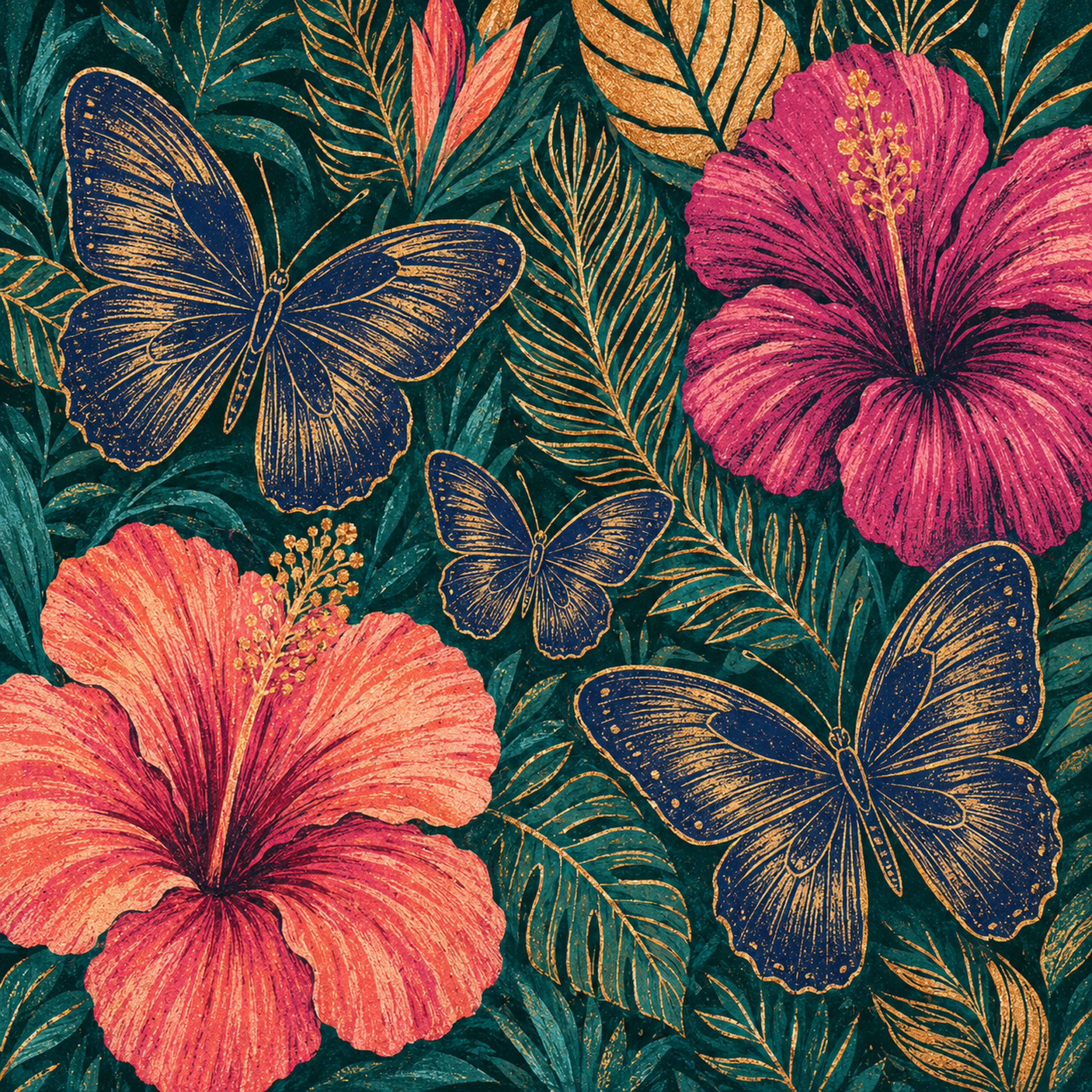 Florales Motiv „Smaragdgarten“ mit Hibiskusblüten, drei blauen Schmetterlingen und goldfarbenen Blättern auf Petrol.