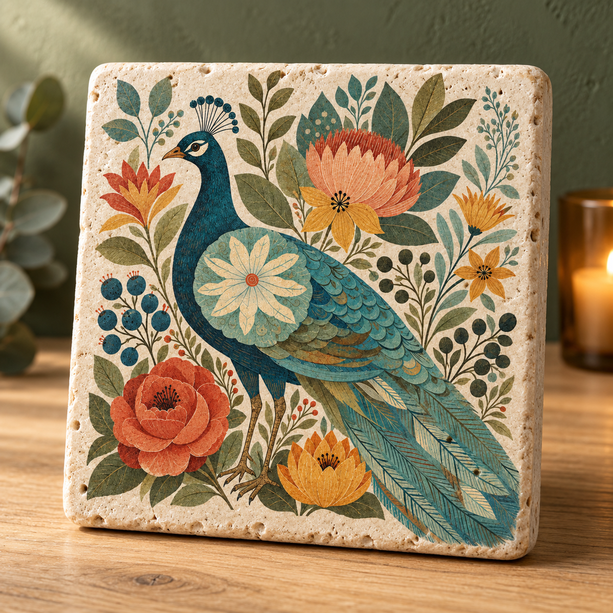 Pfau im Blütengarten | Kleines Kunstwerk aus Travertin