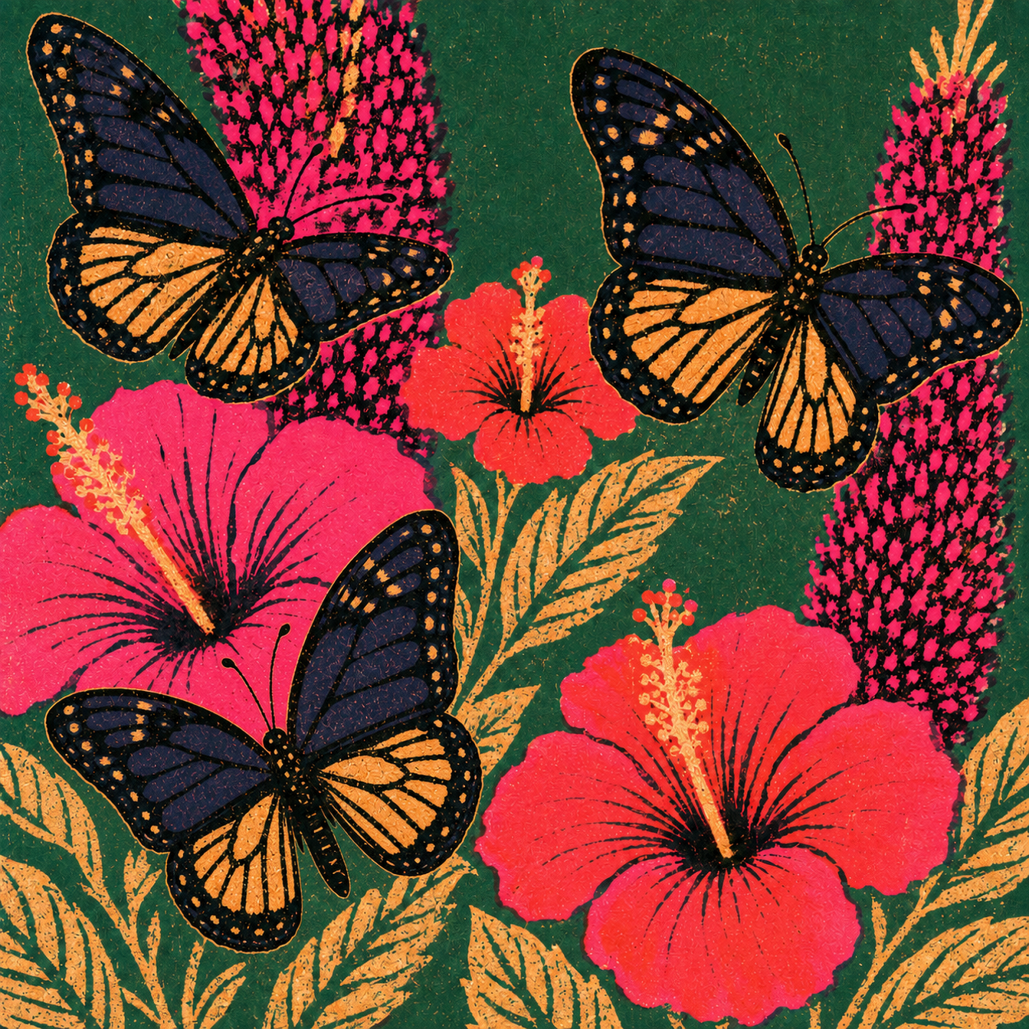 Druckmotiv Blütenflug mit drei dunkelblauen Schmetterlingen, pinken Hibiskusblüten und goldfarbenen Blättern