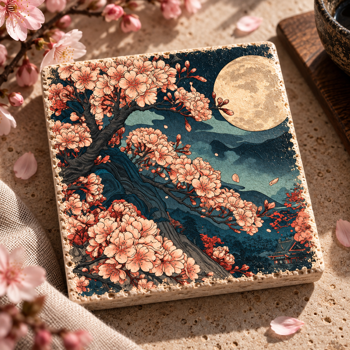 Sakura Mondlicht | Kleines Kunstwerk aus Travertin