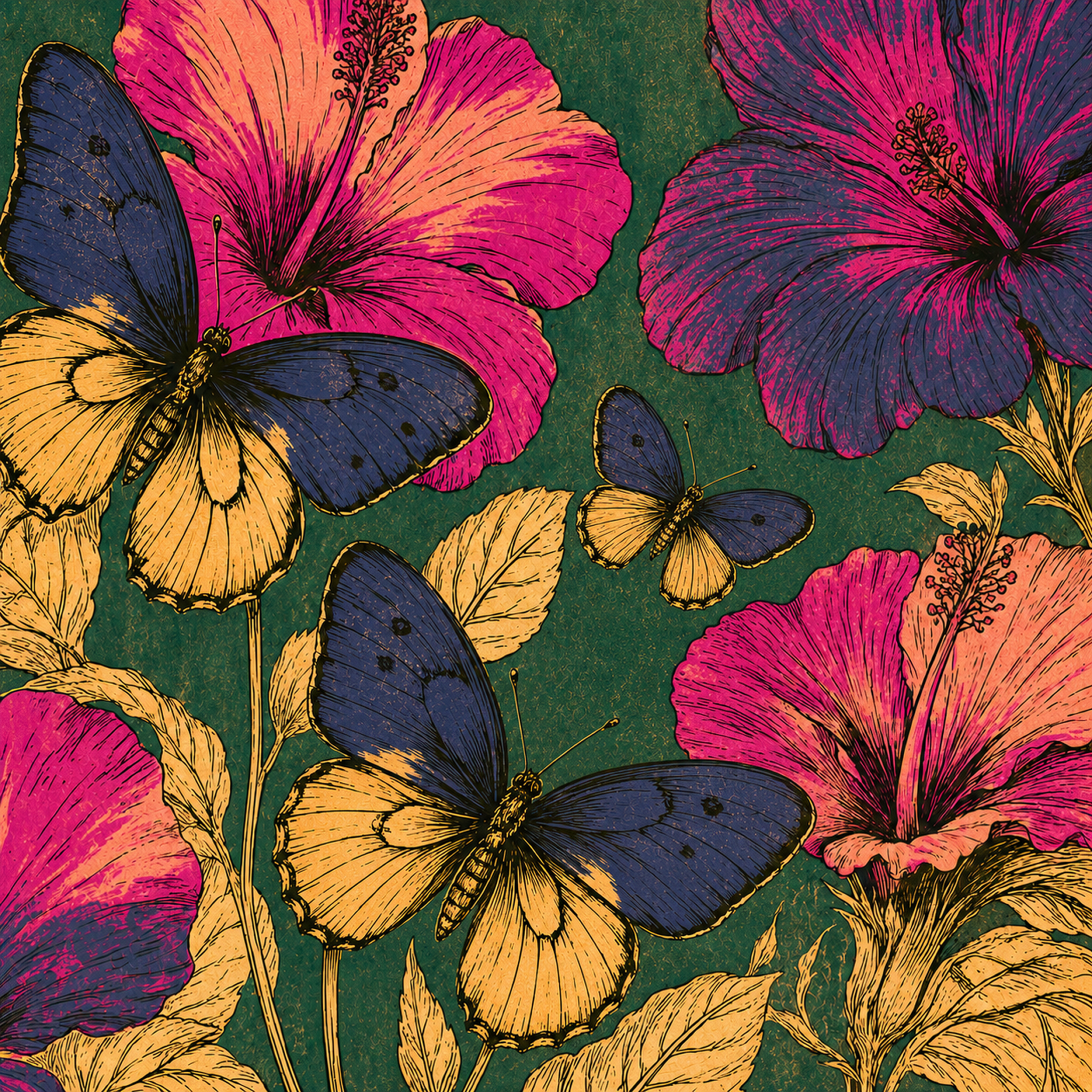 Druckmotiv Schmetterlingsgarten mit drei blau-goldenen Schmetterlingen und pinken Hibiskusblüten auf dunkelgrünem Grund