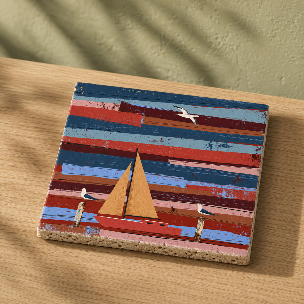 Kleines Kunstwerk aus Travertin „Hafenglück“ mit korallrotem Segelboot und drei Möwen auf einem hellen Holztisch.