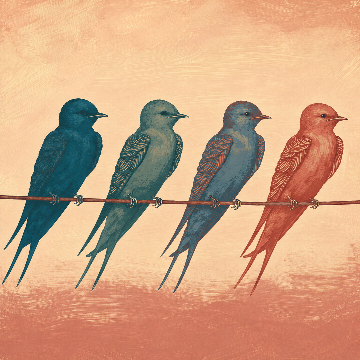 Illustration „Zusammenhalt“ mit vier farbigen Schwalben auf einer Linie vor einem pfirsichfarbenen Hintergrund.