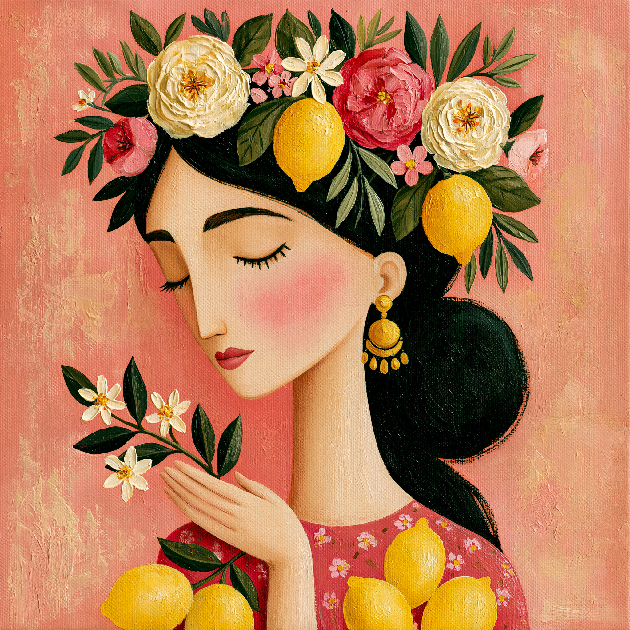 Illustration einer stilisierten Frau mit Zitronen, Zitronenblüten und Blumenkranz im mediterranen Stil für Travertin Kunstwerk