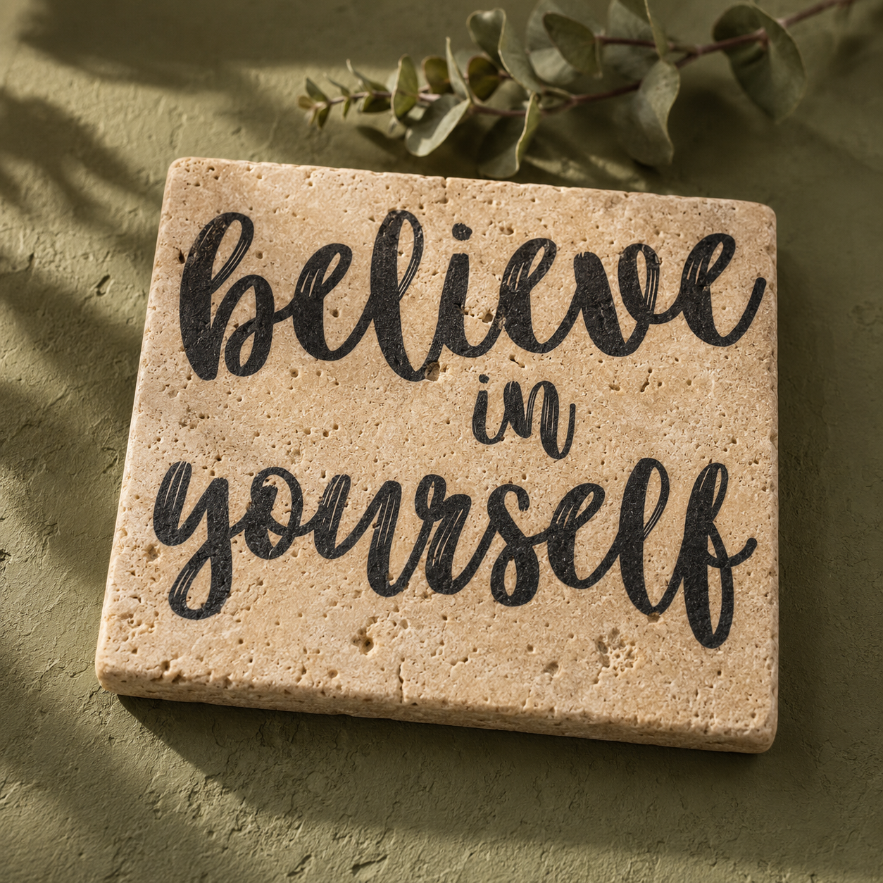 Kleines Kunstwerk aus Travertin mit schwarzem Schriftzug „Believe in Yourself“ auf olivgrünem Untergrund mit Eukalyptuszweig.
