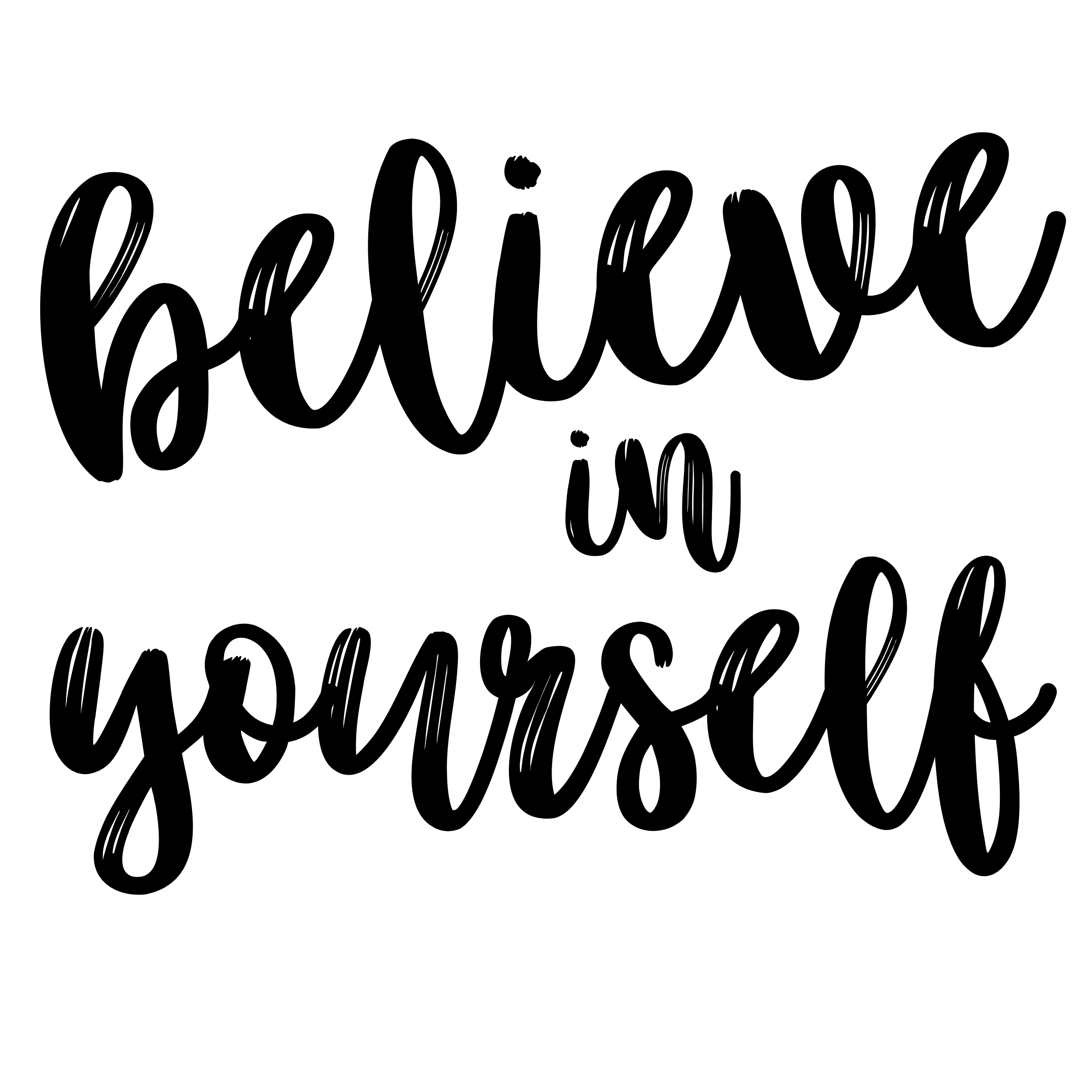 Schwarzer Handlettering-Schriftzug „Believe in Yourself“ auf weißem Hintergrund als Druckmotiv für ein kleines Kunstwerk aus Travertin.