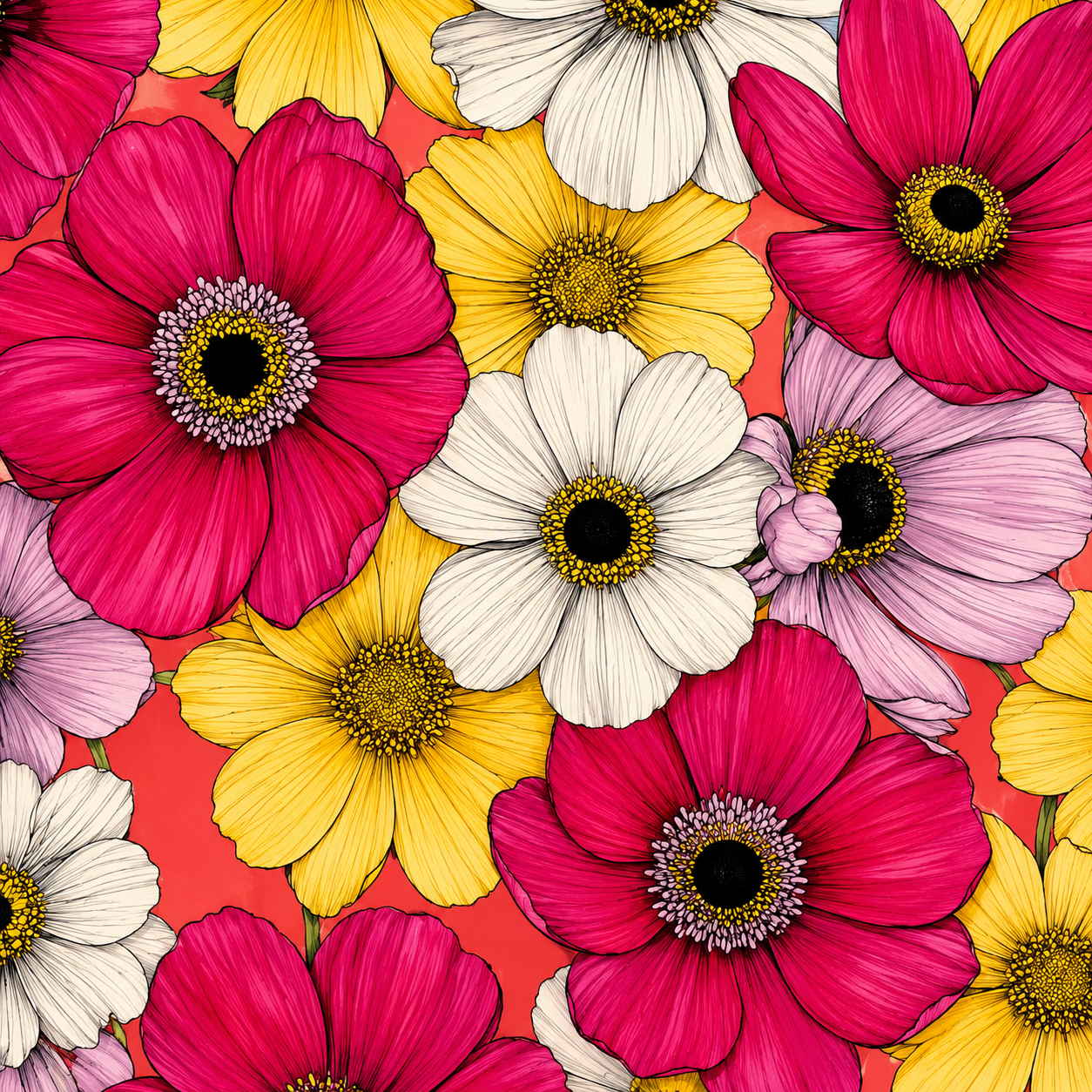 Blütenmeer mit großen pinken, weißen und gelben Blüten auf korallfarbenem Hintergrund – modernes florales Kunstmotiv für eine Travertin-Fliese von Candelae.