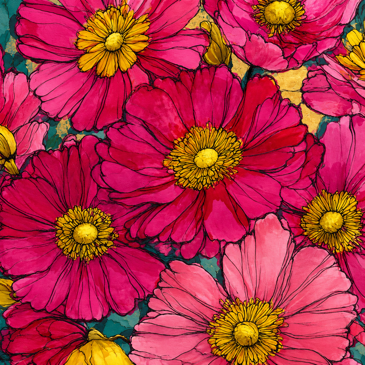 Farbenfrohes Blumenmotiv mit pinken Blüten und goldgelben Blütenmitten auf türkisfarbenem Hintergrund – Kunstmotiv für Travertin Naturstein.