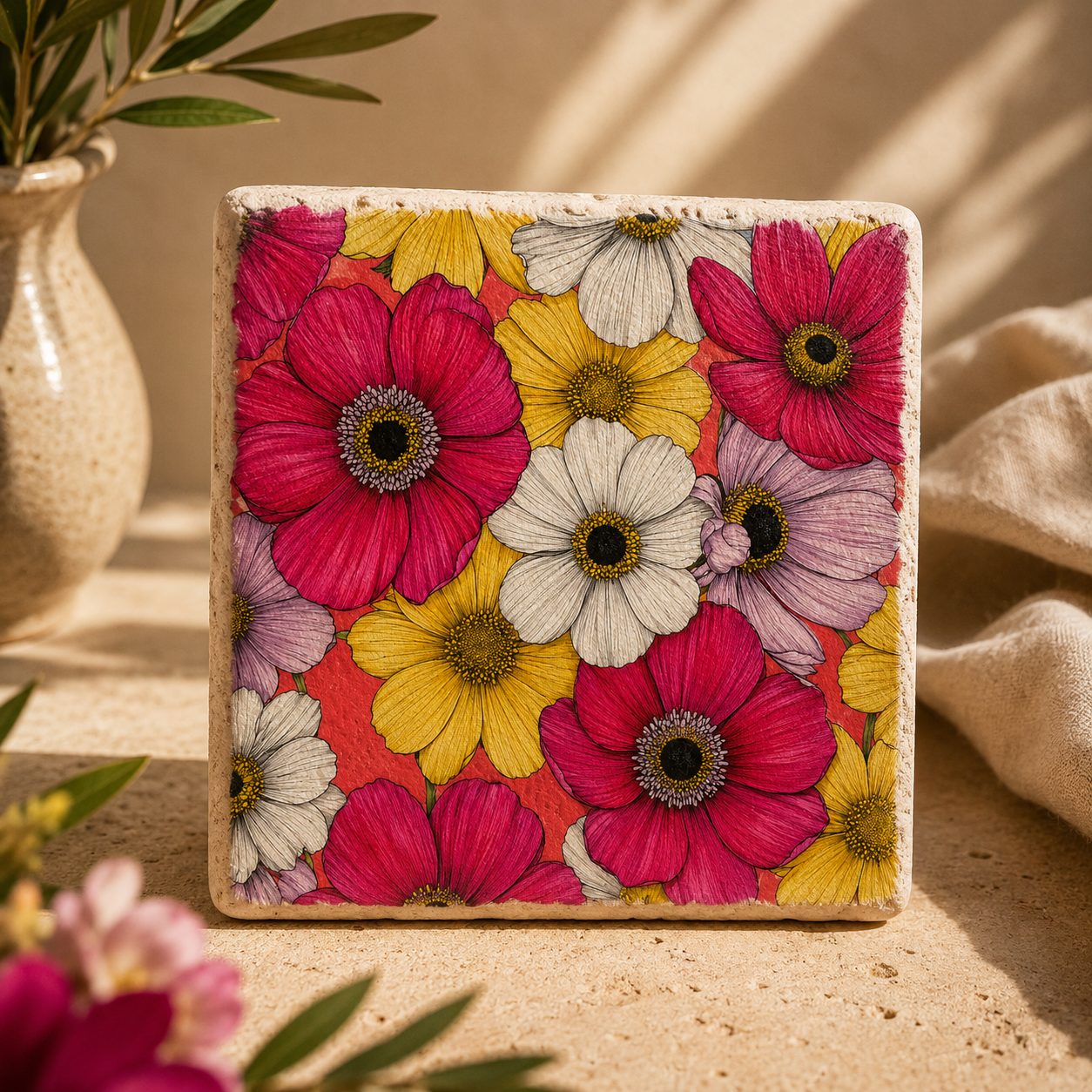 Botanica No. 07 Blumenmeer auf Travertin – kleines Kunstwerk aus Naturstein mit farbenfrohem Blumenmotiv als Dekoration oder Untersetzer von Candelae