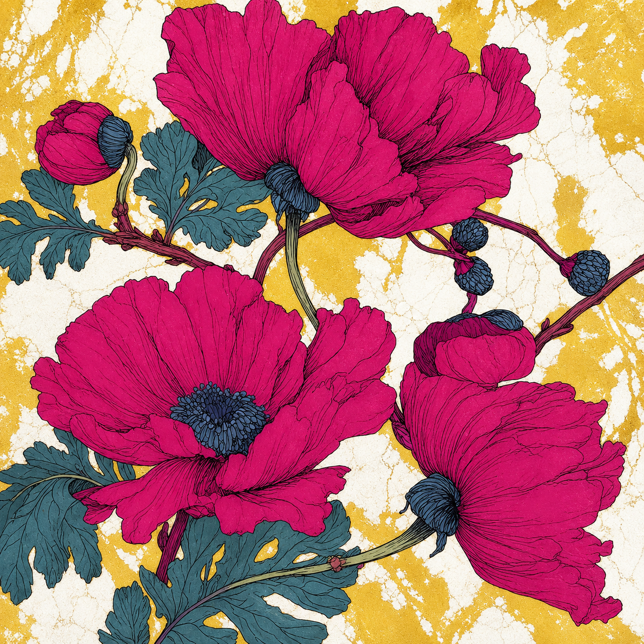 Blütenzauber – Florales Kunstwerk mit pinken Blüten und goldenen Akzenten auf echtem Travertin, hochwertiges Motiv für dekorative Naturstein-Fliesen.