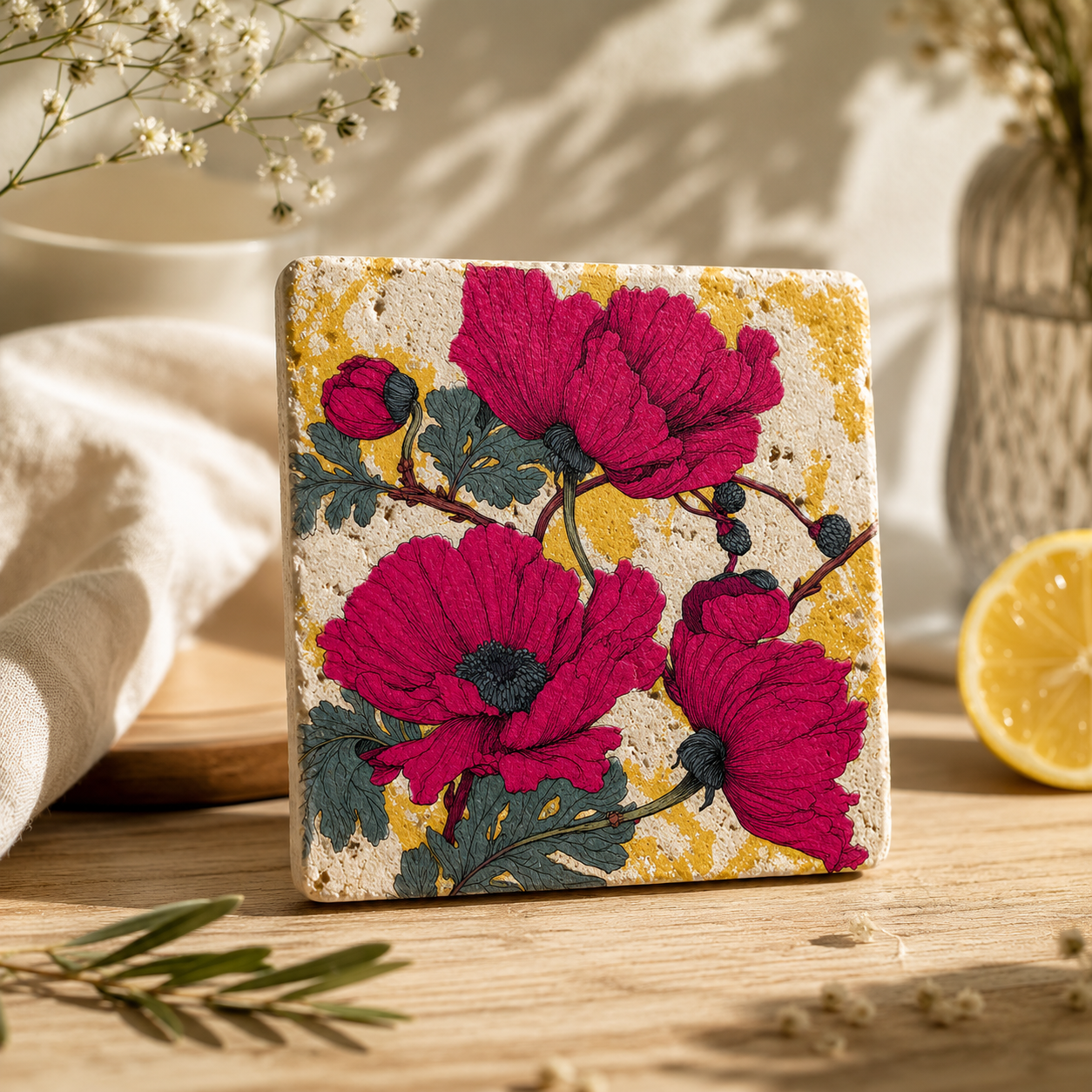 Blütenzauber – Kleines Kunstwerk aus Travertin mit floralem Blütenmotiv in Pink und Gold, dekorative Naturstein-Fliese für Wohnraum oder als stilvoller Untersetzer.