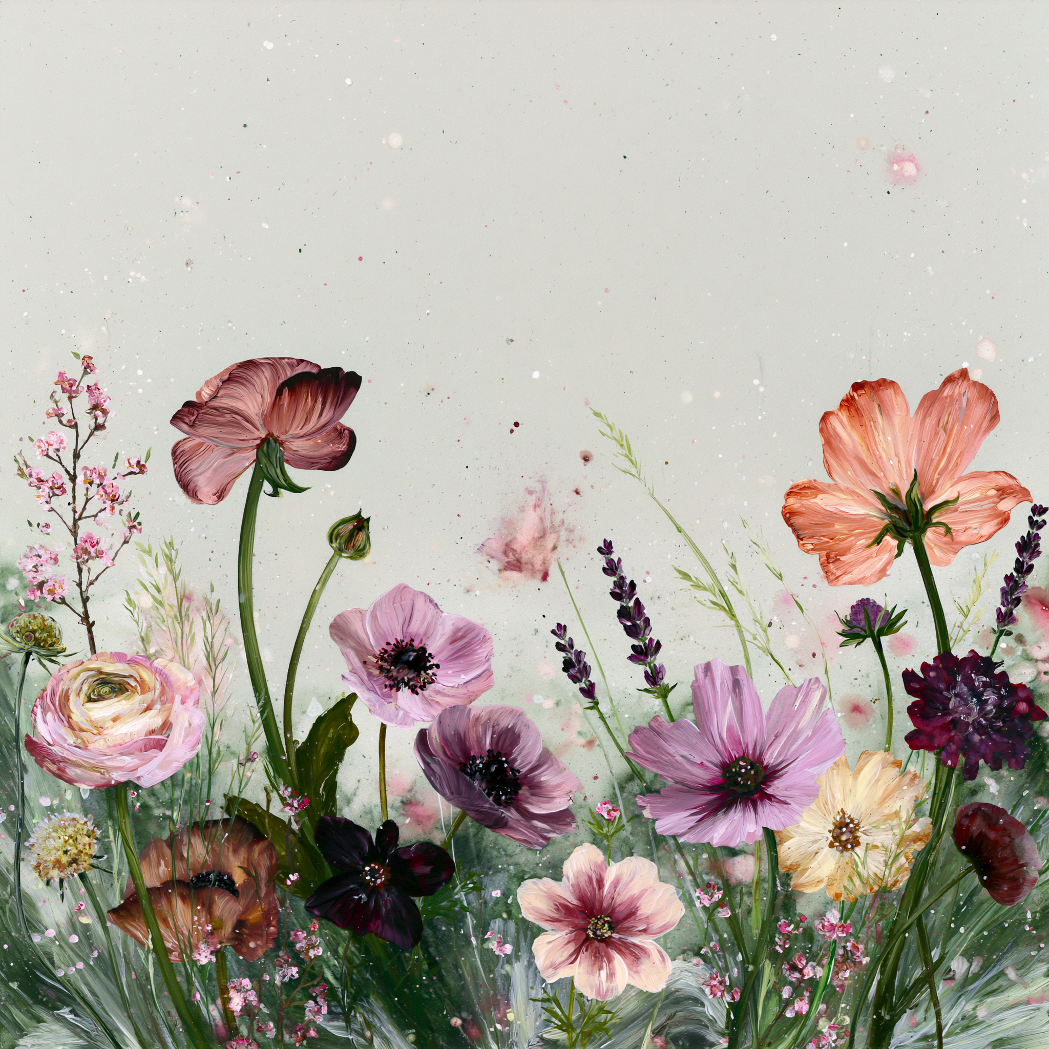Botanica No. 01 mit zarter Wildblumenwiese in Pastellfarben. Hochwertige florale Illustration als Druckvorlage für ein kleines Kunstwerk auf echtem Travertin.