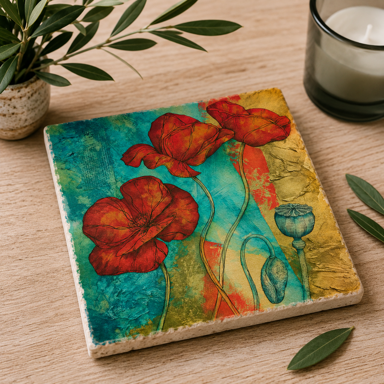 Modernes Travertin-Kunstwerk mit roten Mohnblüten in leuchtenden Komplementärfarben. Hochwertiger UV-Direktdruck auf Naturstein als stilvolle Dekoration oder Untersetzer.