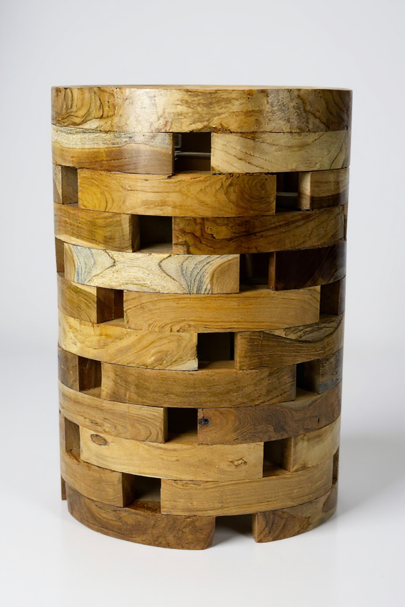 Freisteller: runder Teakholz-Beistelltisch „Blockwerk“ im Laminated-Block-Design (50 × 35 × 35 cm), handgefertigt, Frontansicht auf weißem Hintergrund.