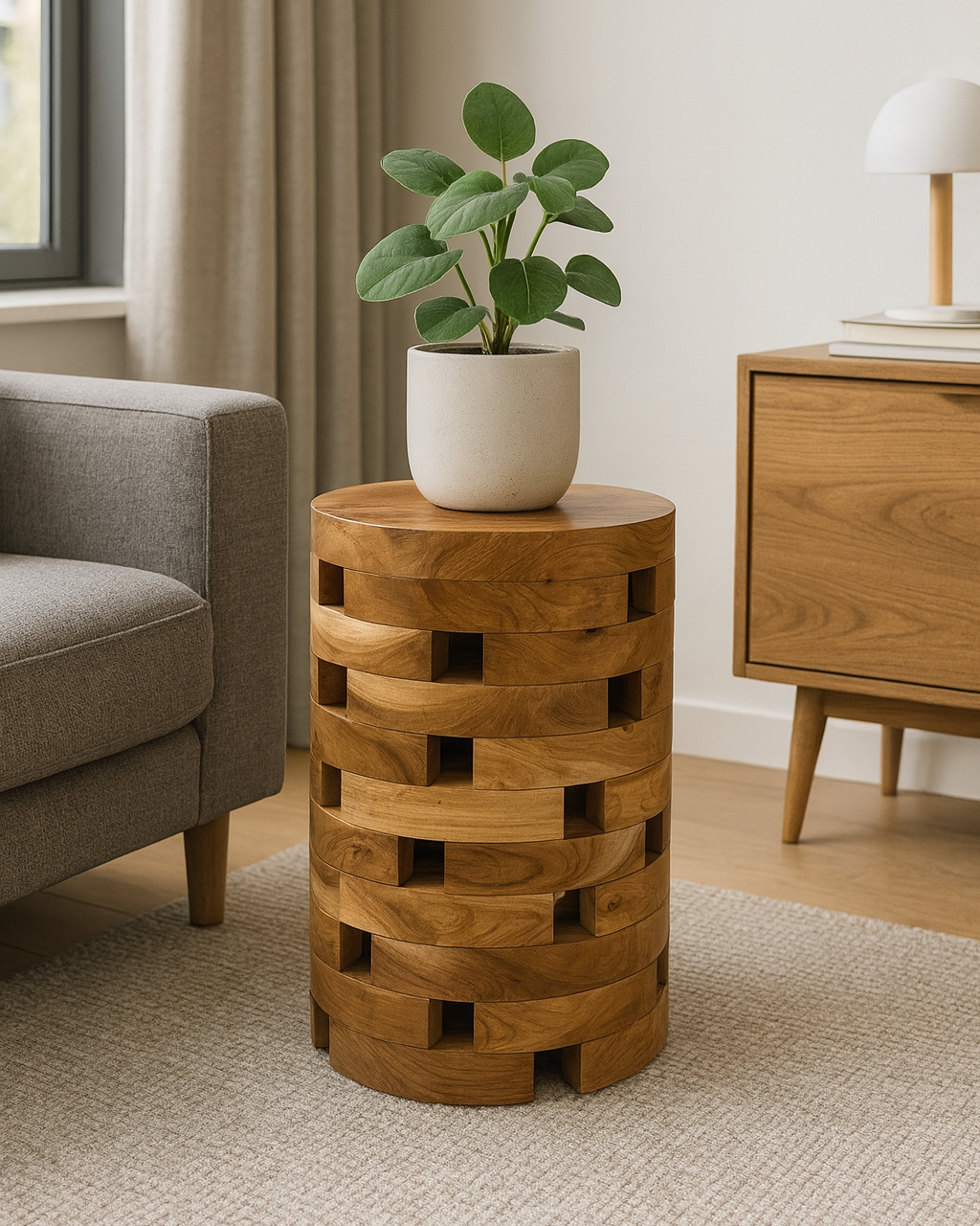 Teakholz-Beistelltisch „Blockwerk“ im Laminated-Block-Design (50 × 35 × 35 cm) im Wohnzimmer neben Sofa und Sideboard, mit Pflanze auf der runden Tischplatte, handgefertigt von FaHome.