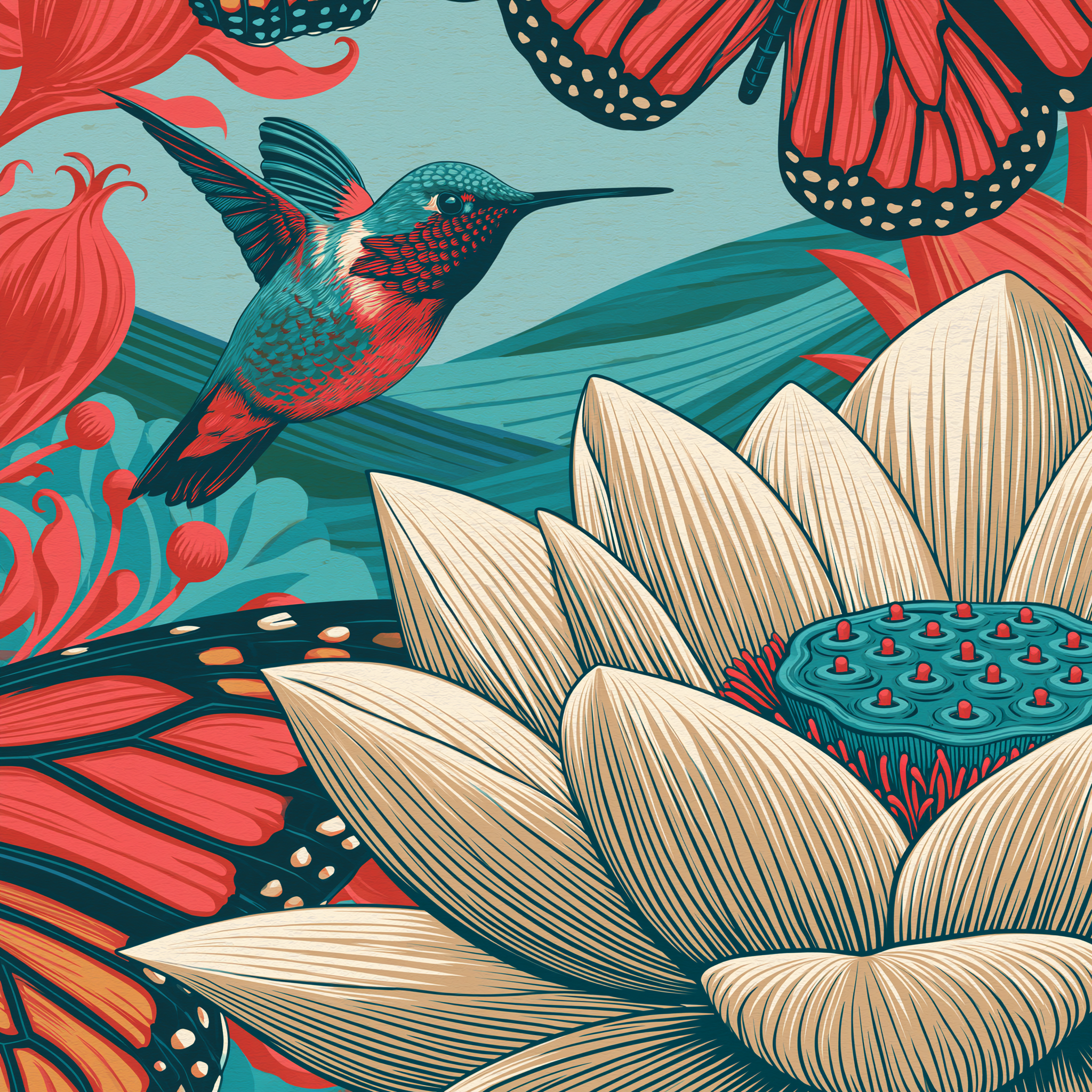 Illustration eines Kolibris zwischen stilisierten Lotusblüten in leuchtenden Komplementärfarben. Moderne Druckvorlage für ein kleines Kunstwerk auf Travertin.