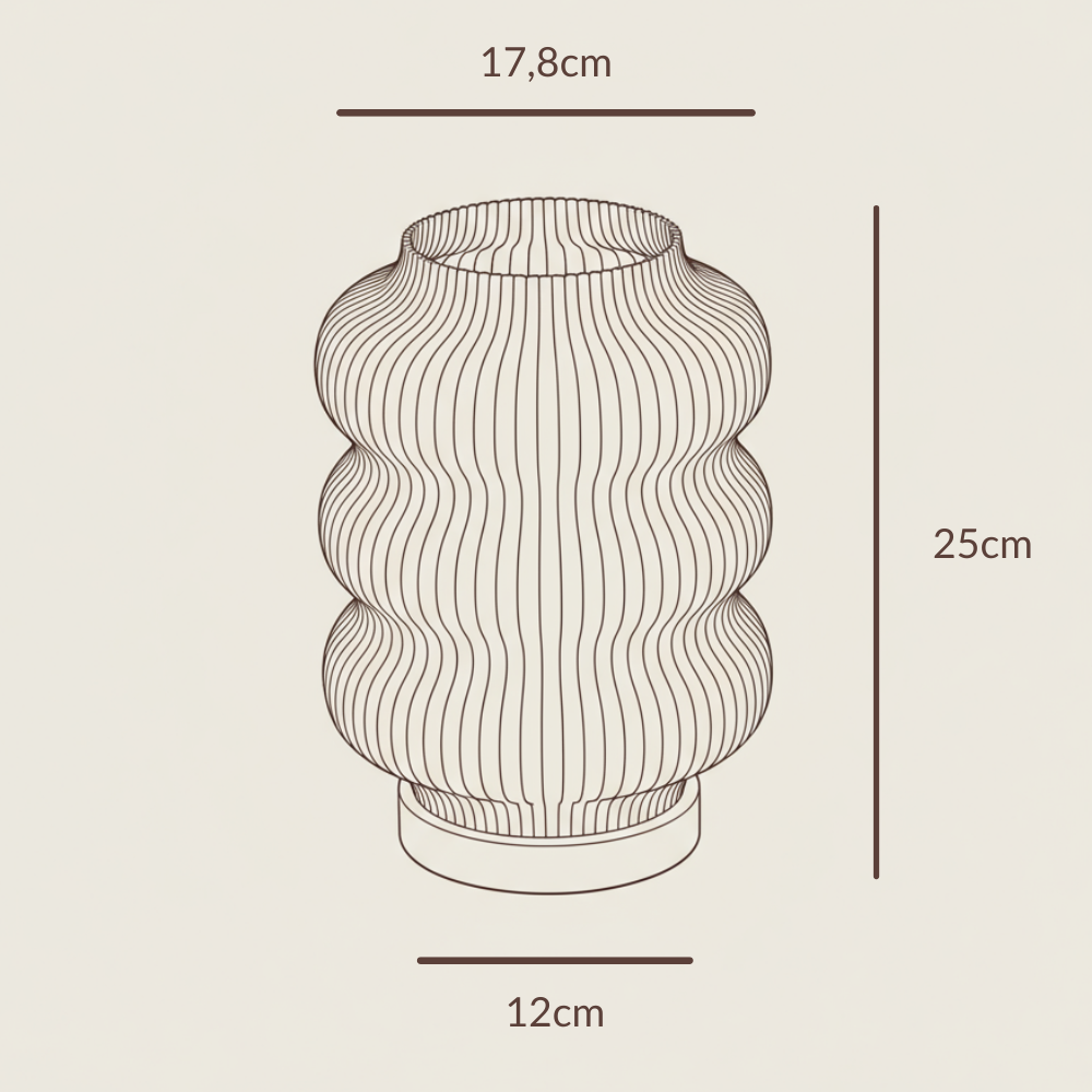 Moonou Luma Maße: Höhe 25 cm, Durchmesser 17,8 cm, Sockel 12 cm – technische Zeichnung