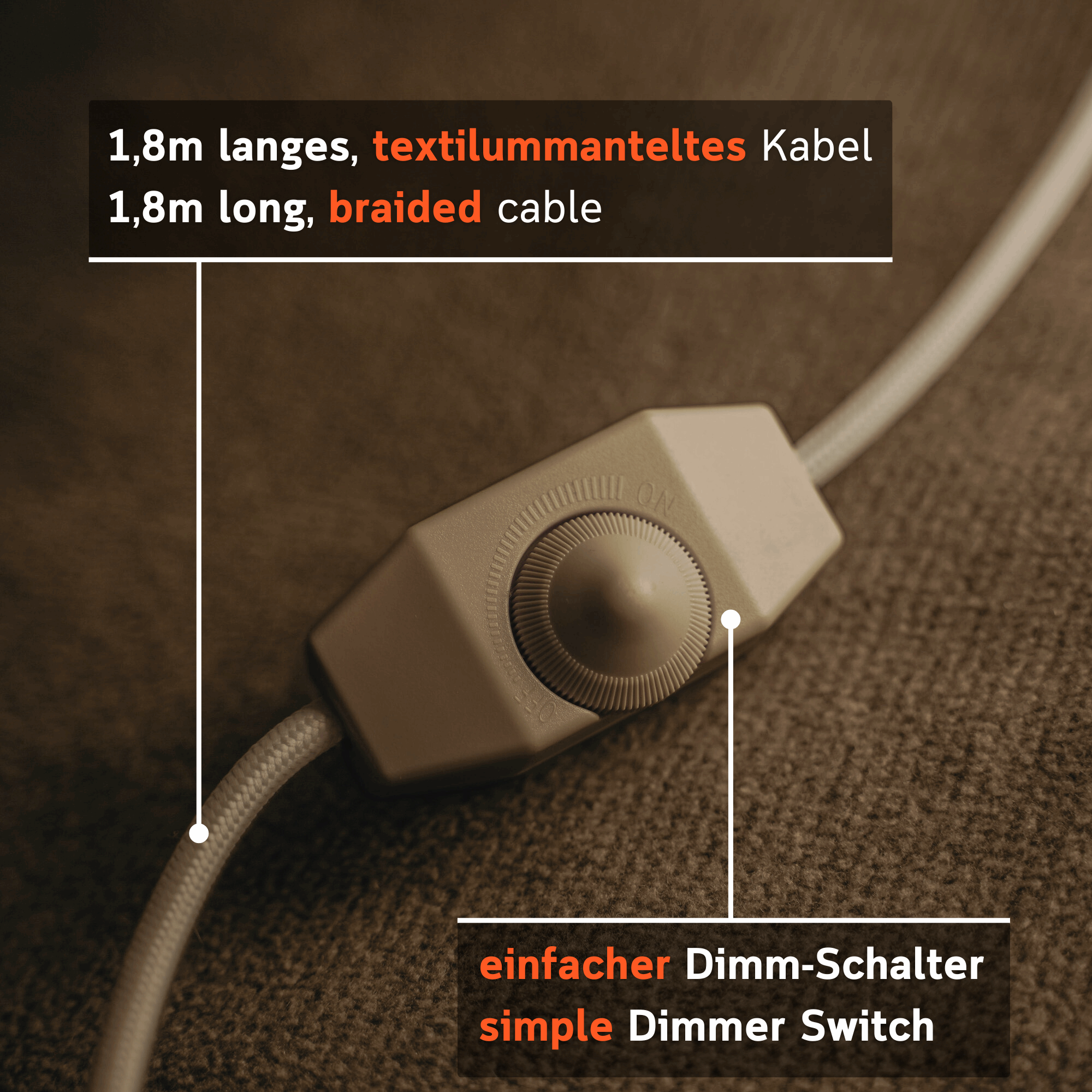 Moonou Luma: 1,8 m textilummanteltes Kabel mit Dimmschalter, Detailaufnahme