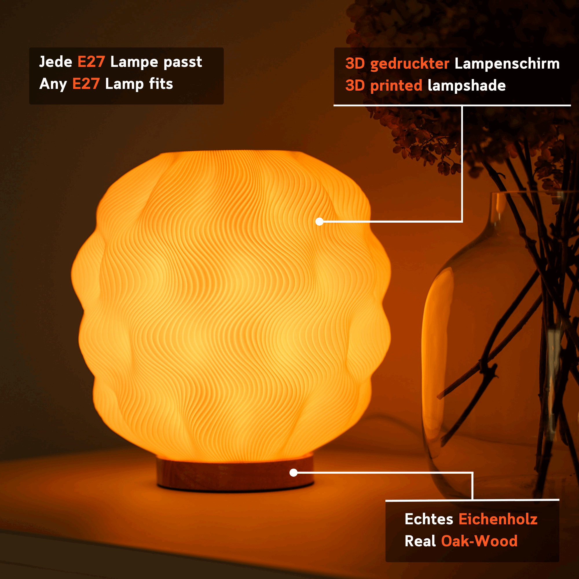 Moonou Numo – 3D-gedruckte Wellenkugel-Tischlampe (PLA) mit Eichenholz-Sockel, E27-Fassung – Infografik mit Hinweisen zu Lampenschirm und E27-Kompatibilität.
