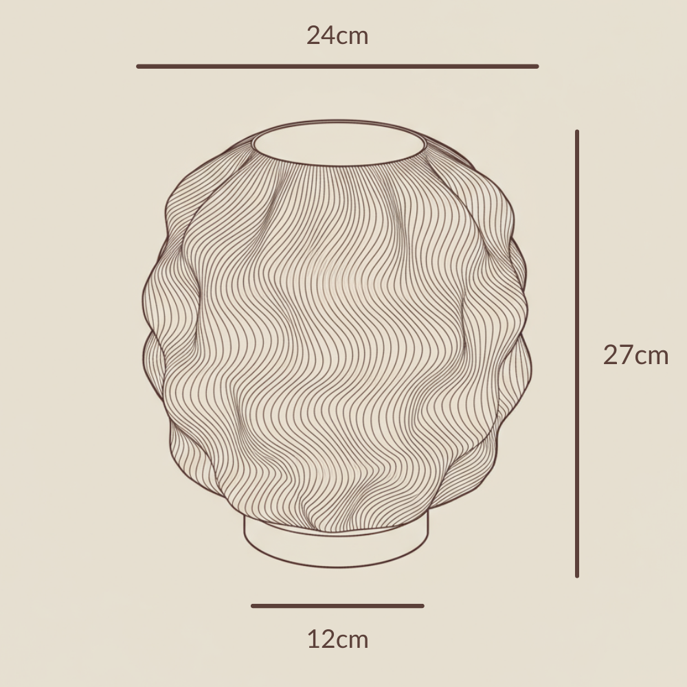 Maßskizze der Moonou Numo E27 Tischlampe: Höhe 27 cm, Breite 24 cm, Sockel 12 cm.