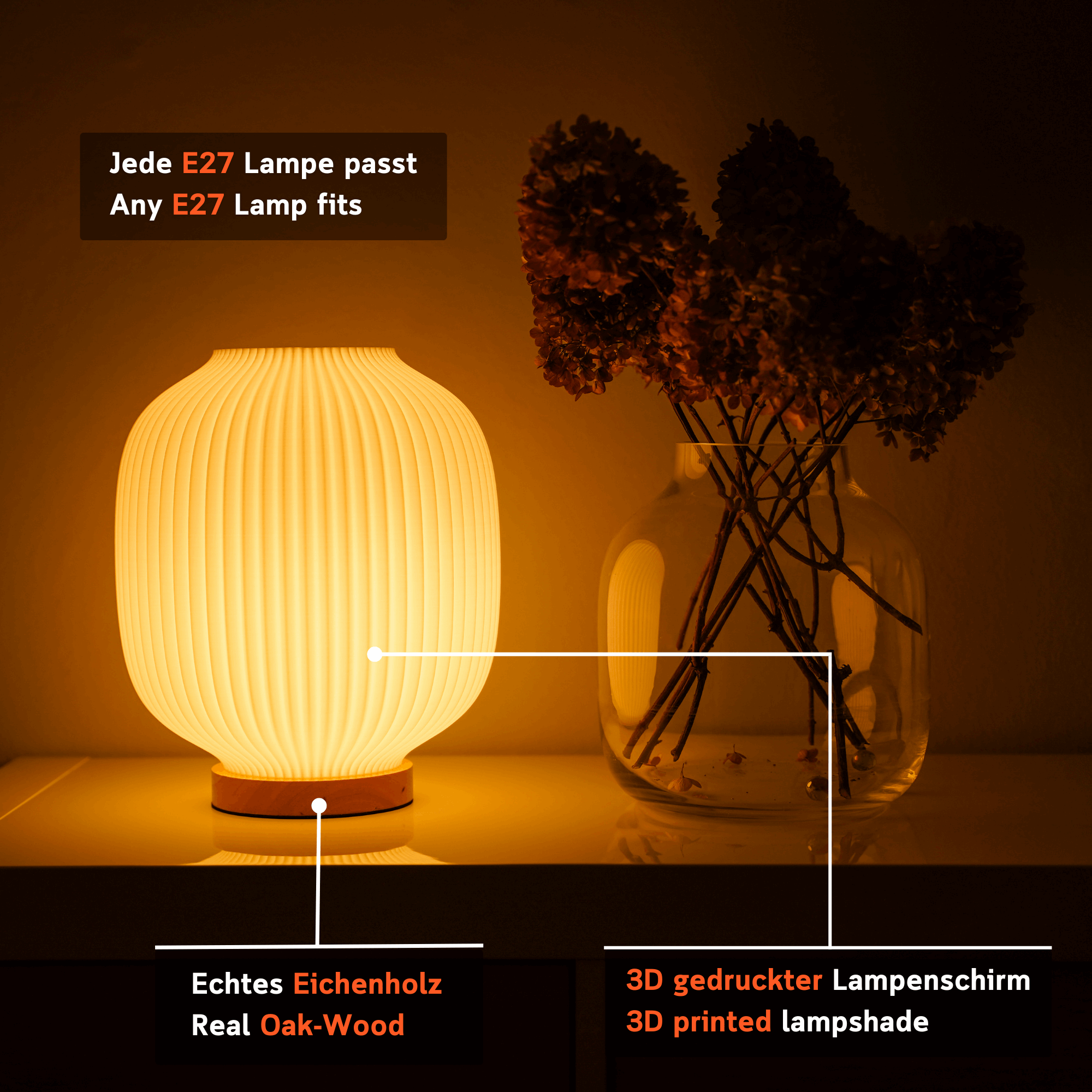 Infografik: Moonou Puro – 3D-gedruckte Lamellen-Tischlampe (E27) mit Eichenholz-Sockel; Hinweise zu E27-Fassung, 3D-gedrucktem Schirm und warmem, dimmbarem Licht