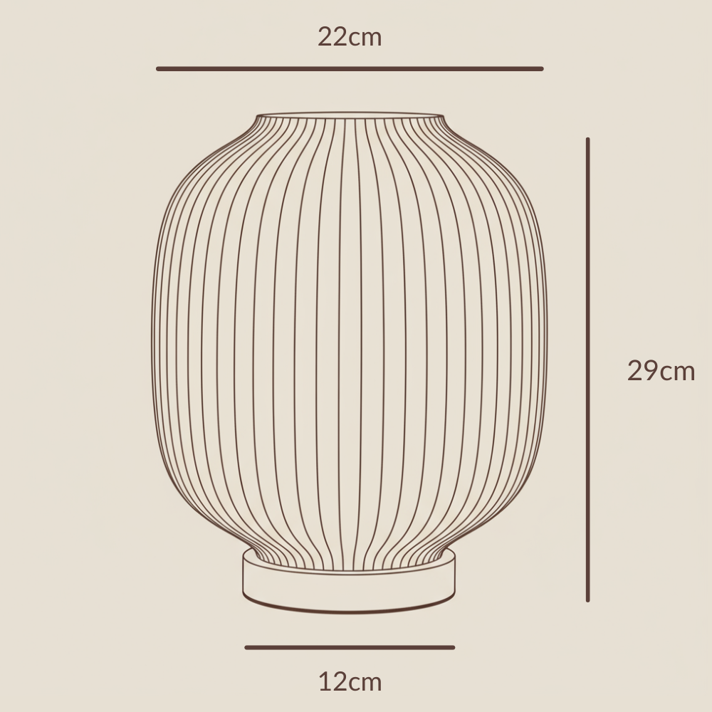 Maßskizze: Moonou Puro – 3D-gedruckte Lamellen-Tischlampe (E27), 29 cm hoch, 22 cm Ø, 12 cm Eichenholzsockel, dimmbar