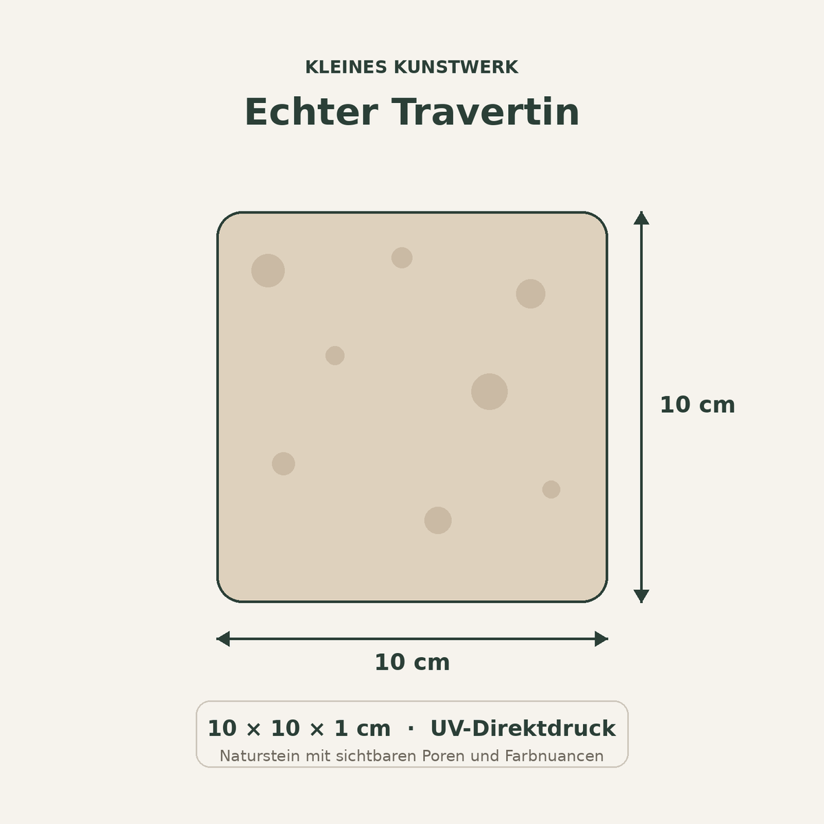 Travertin Kunstwerk – Größe 10 × 10 × 1 cm, echter Naturstein und UV-Direktdruck