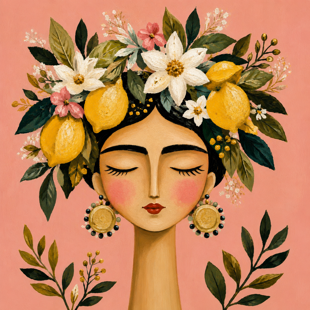 Mediterrane Illustration einer Frau mit Zitronenkranz, weißen Blüten und grünen Blättern auf rosafarbenem Hintergrund – Kunstmotiv für bedruckte Travertin-Fliese.