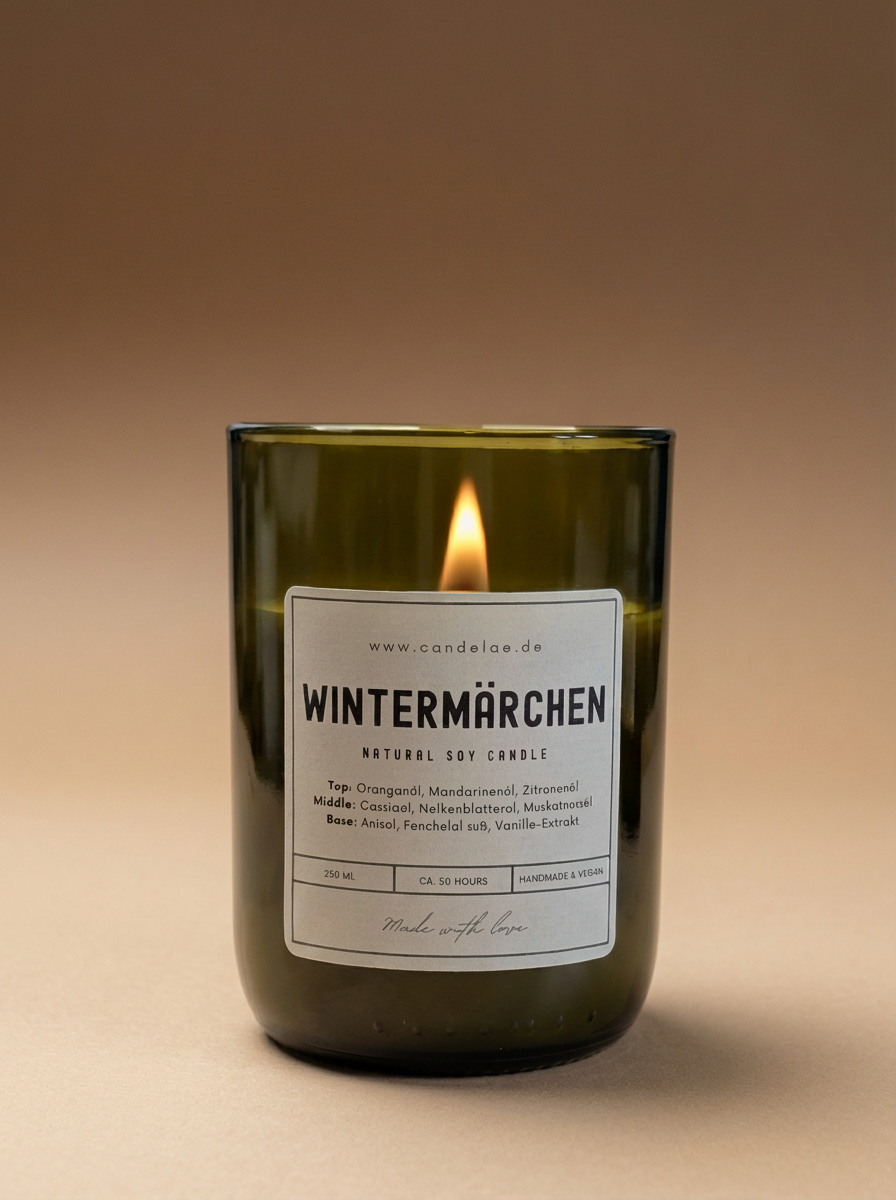 Brennende Duftkerze Wintermärchen von Candelae aus recycelter Weinflasche mit Apothekerlabel auf warmem Studiohintergrund.
