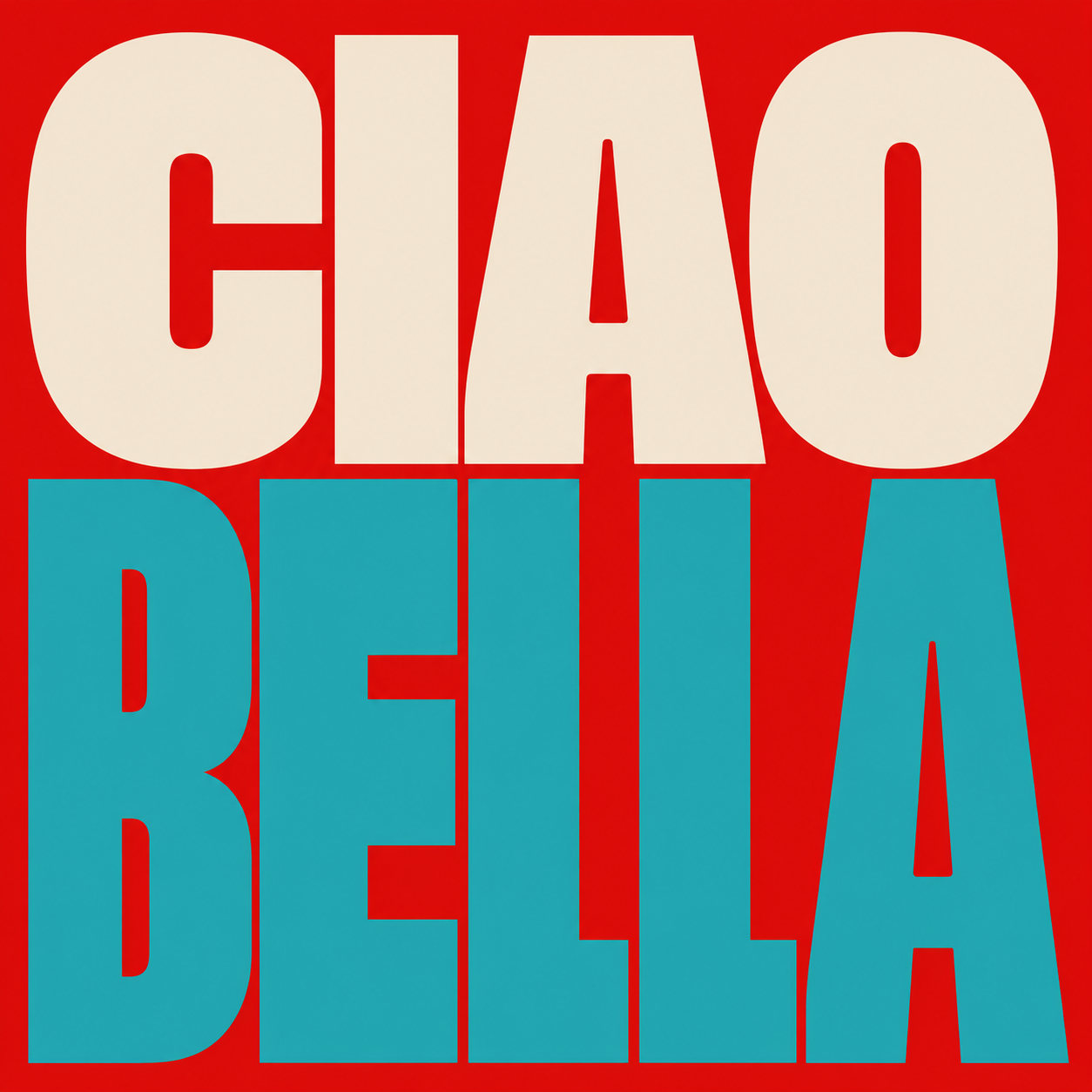 Grafisches Ciao-Bella-Motiv in Creme und Türkis auf leuchtend rotem Hintergrund.