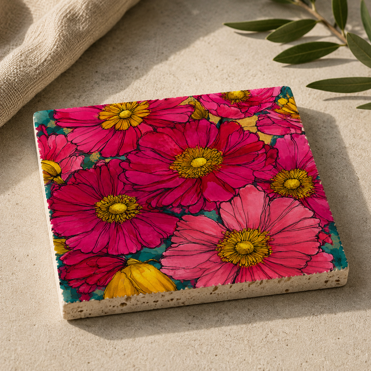 Blütenmeer auf Travertin – farbenfrohes Blumenmotiv als kleines Kunstwerk aus Naturstein, dekorativ als Untersetzer oder Wohnaccessoire.