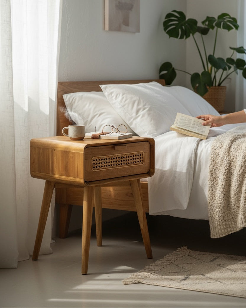 Nachttisch aus Teakholz mit Rattan-Schublade (60×50×40 cm) neben dem Bett, skandinavischer Look, warmes Tageslicht – FaHome.