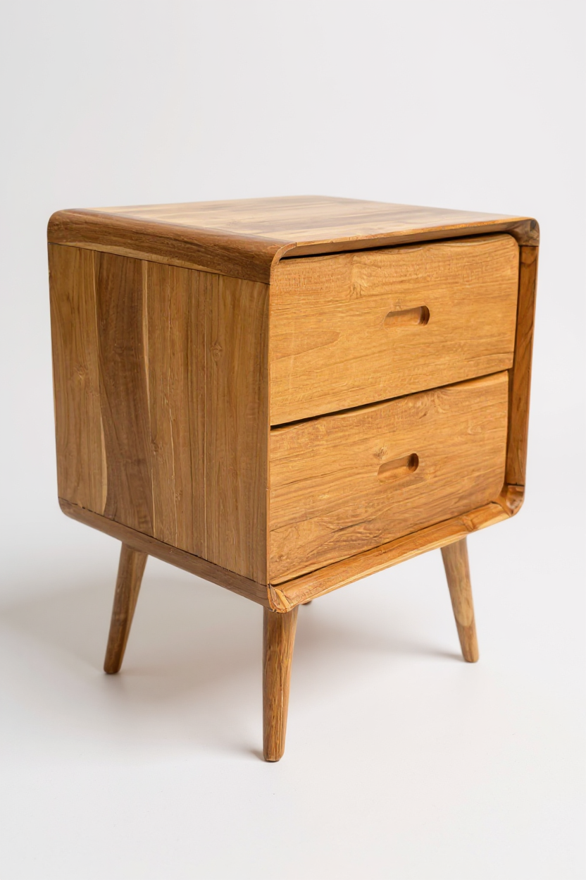 FaHome Nachttisch aus massivem Teakholz mit zwei Schubladen, abgerundeten Kanten und konischen Beinen in Dreiviertelansicht (50 × 40 × 60 cm).