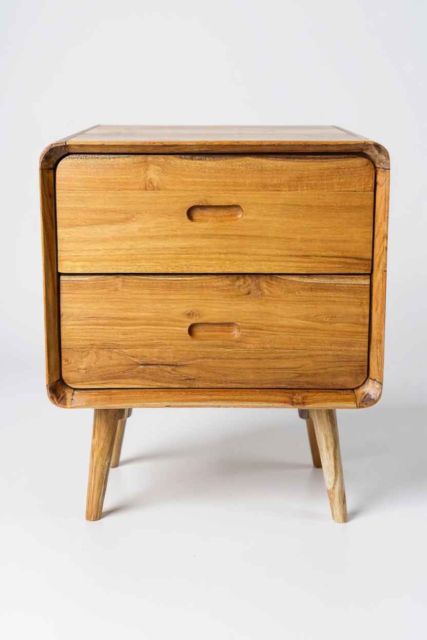 FaHome Nachttisch aus massivem Teakholz mit zwei Schubladen, abgerundeten Kanten und konischen Beinen – Frontansicht auf weißem Hintergrund (50 × 40 × 60 cm).