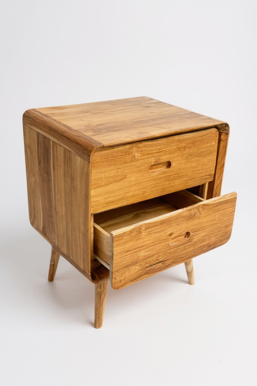 FaHome Nachttisch aus massivem Teakholz mit zwei geöffneten Schubladen, abgerundeten Kanten und konischen Beinen in Dreiviertelansicht (50 × 40 × 60 cm).