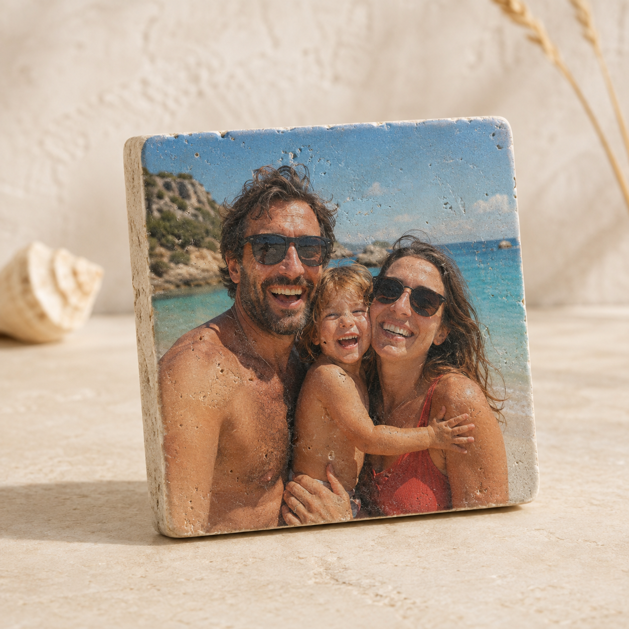 Foto auf Travertin – personalisiertes Kunstwerk mit eigenem Foto bedruckt, Beispielmotiv Paar