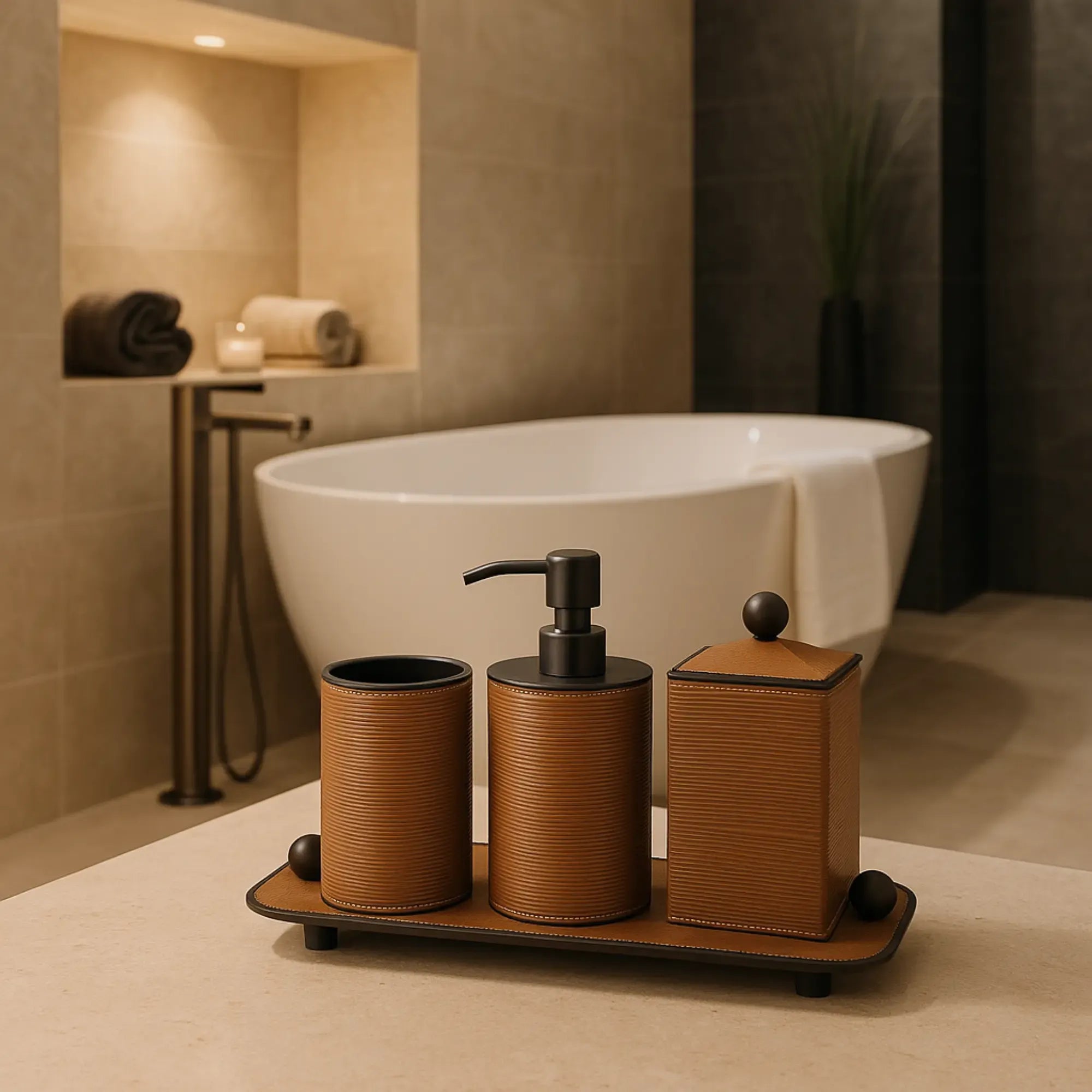 Badezimmer-Set - aus 4 Teilen - Luxus Feinleder Badset Seifenspender Eleganza Bath