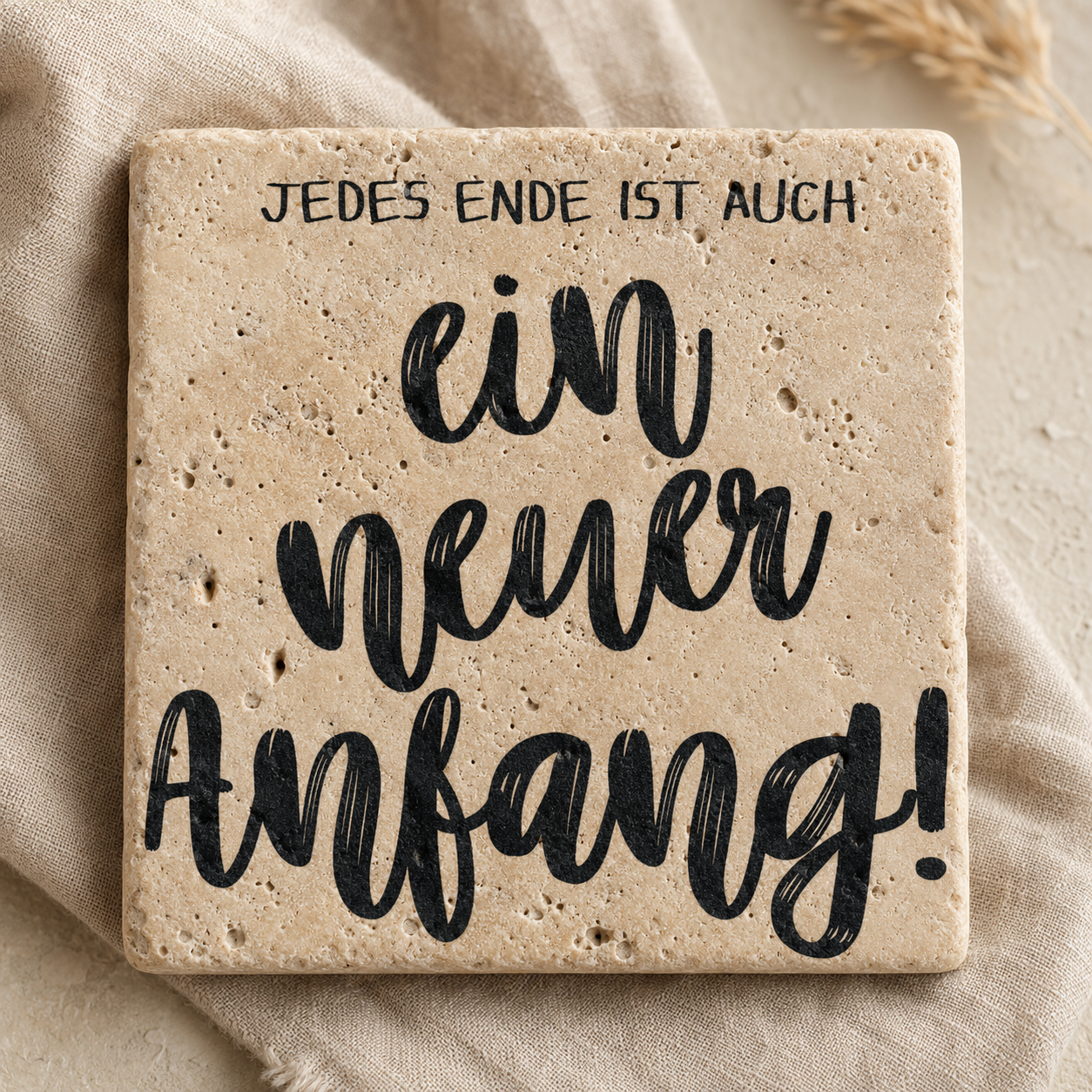 Kleines Kunstwerk aus Travertin mit dem schwarzen Spruch „Jedes Ende ist auch ein neuer Anfang“ auf hellem Leinenstoff.
