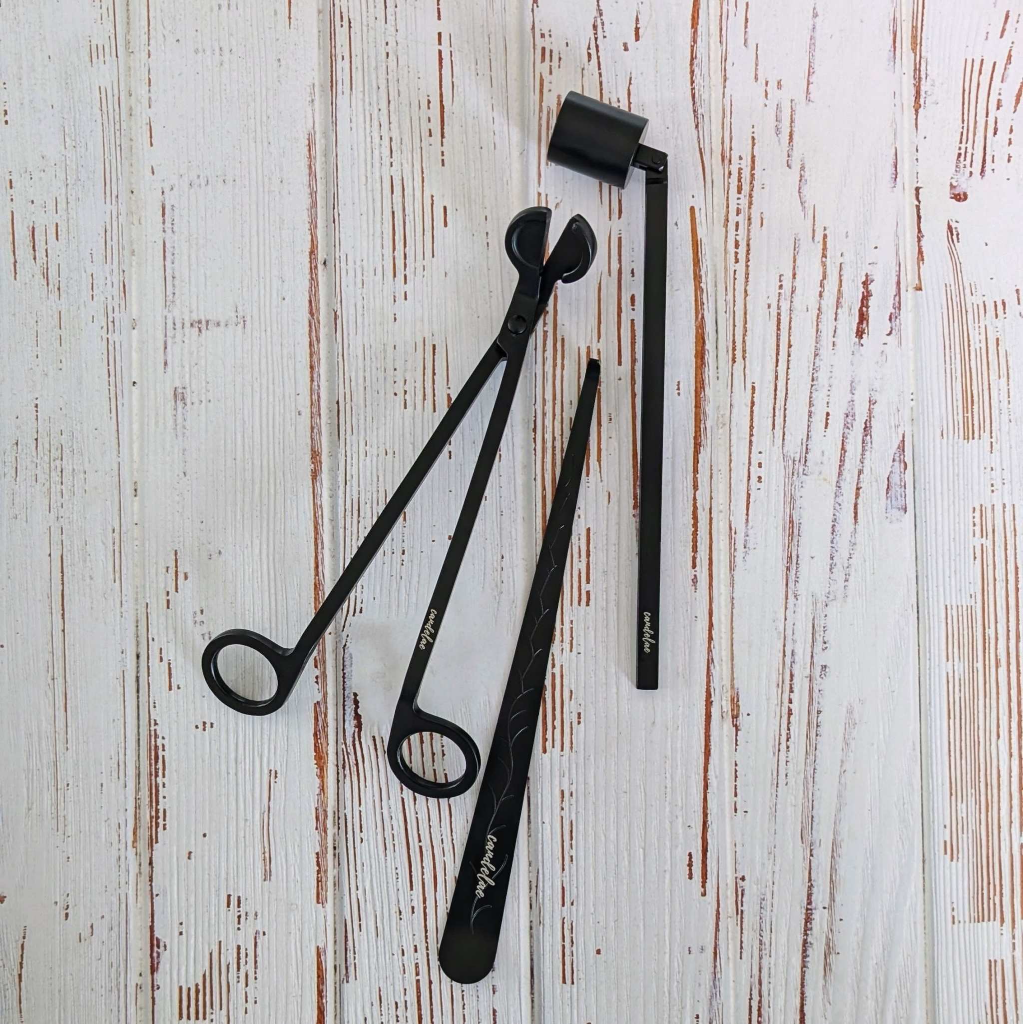 Schwarzes Kerzenpflege-Set mit Dochtschere, Kerzenlöscher und Dochtheber aus Edelstahl für Duftkerzen