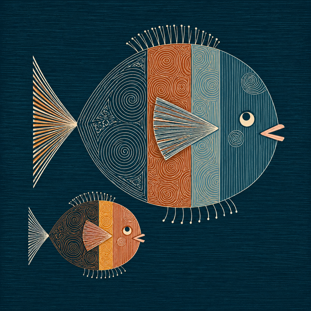 Grafisches Motiv „Mare No. 03 – Fischduo“ mit einem großen und einem kleinen Fisch in Petrol, Kupfer und Creme.