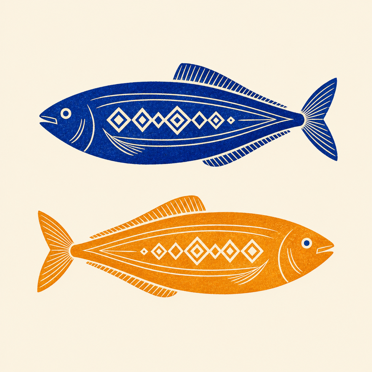 Grafisches Motiv „Mare No. 04 – Gegenstrom“ mit zwei gegenläufigen Fischen in Ultramarinblau und Orange.
