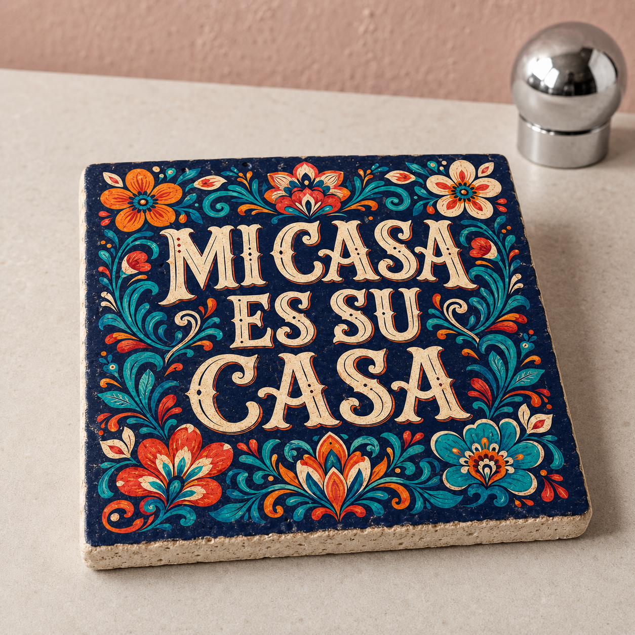 Travertin-Kunstwerk „Mi Casa Es Su Casa“ mit floralem Muster in Petrol, Orange und Koralle auf hellem Untergrund.