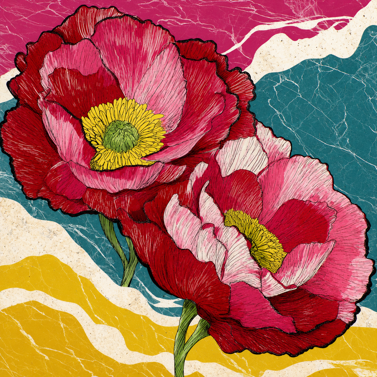 Mohnzauber – Kunstwerk aus Travertin mit ausdrucksstarkem Mohnblütenmotiv in Rot und Pink, hochwertiger UV-Druck auf Naturstein.