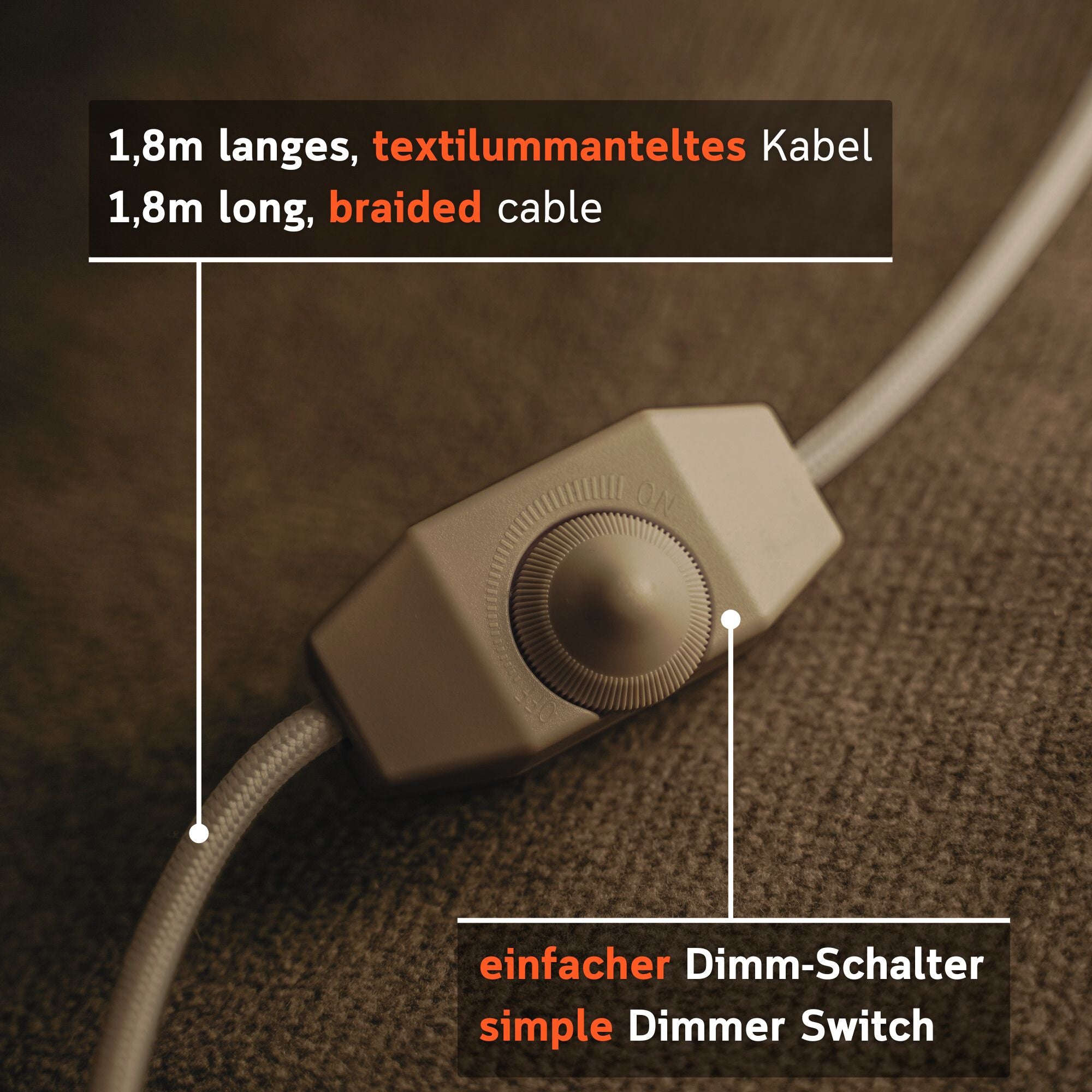 Detail: Inline-Dimmschalter am textilummantelten 1,8 m Kabel der Moonou ‚Cora‘ – stufenlos dimmbar