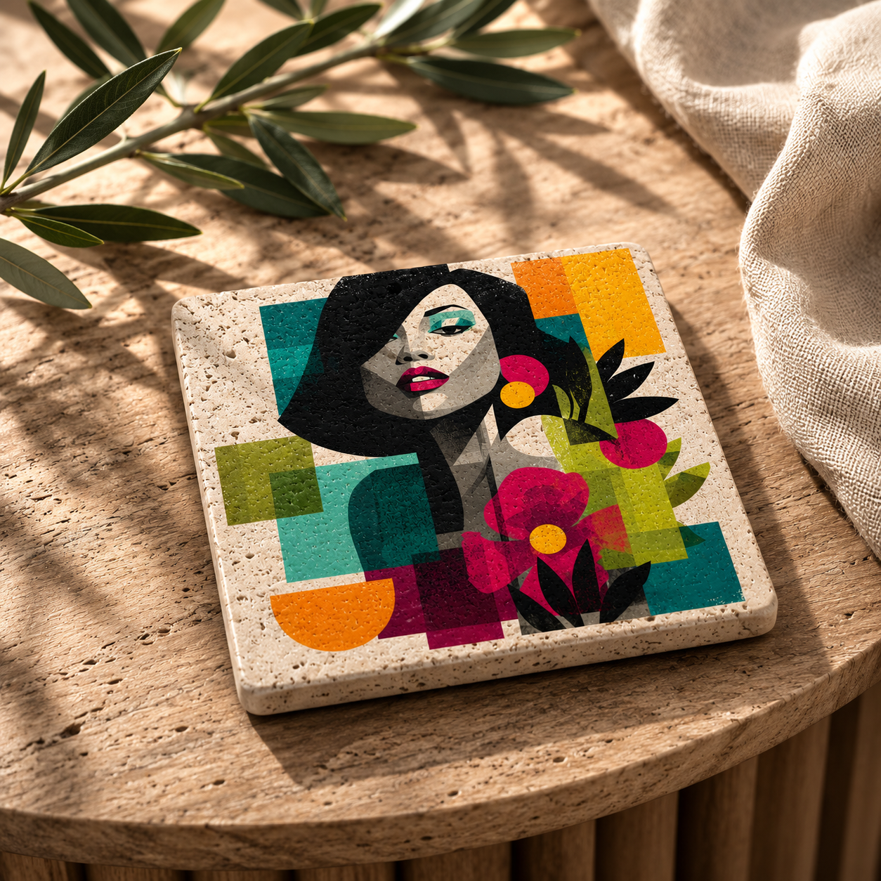 Noiré – Kleines Kunstwerk aus Travertin mit modernem Frauenporträt als dekorative Naturstein-Fliese auf einem Holztisch in stilvoller Wohnatmosphäre.