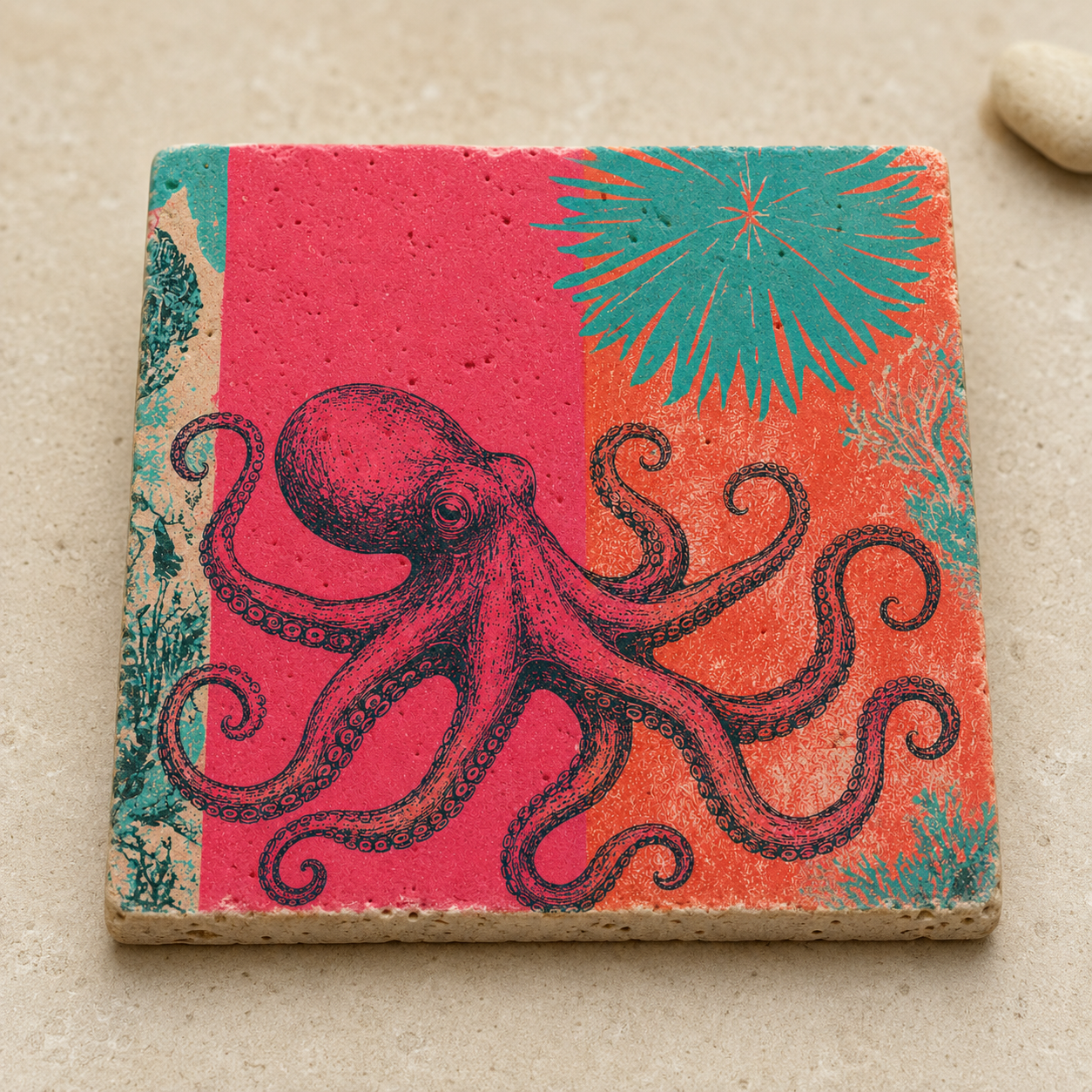 Mare No. 06 – farbenfroher Oktopus im Korallengarten auf einer quadratischen Travertinplatte.