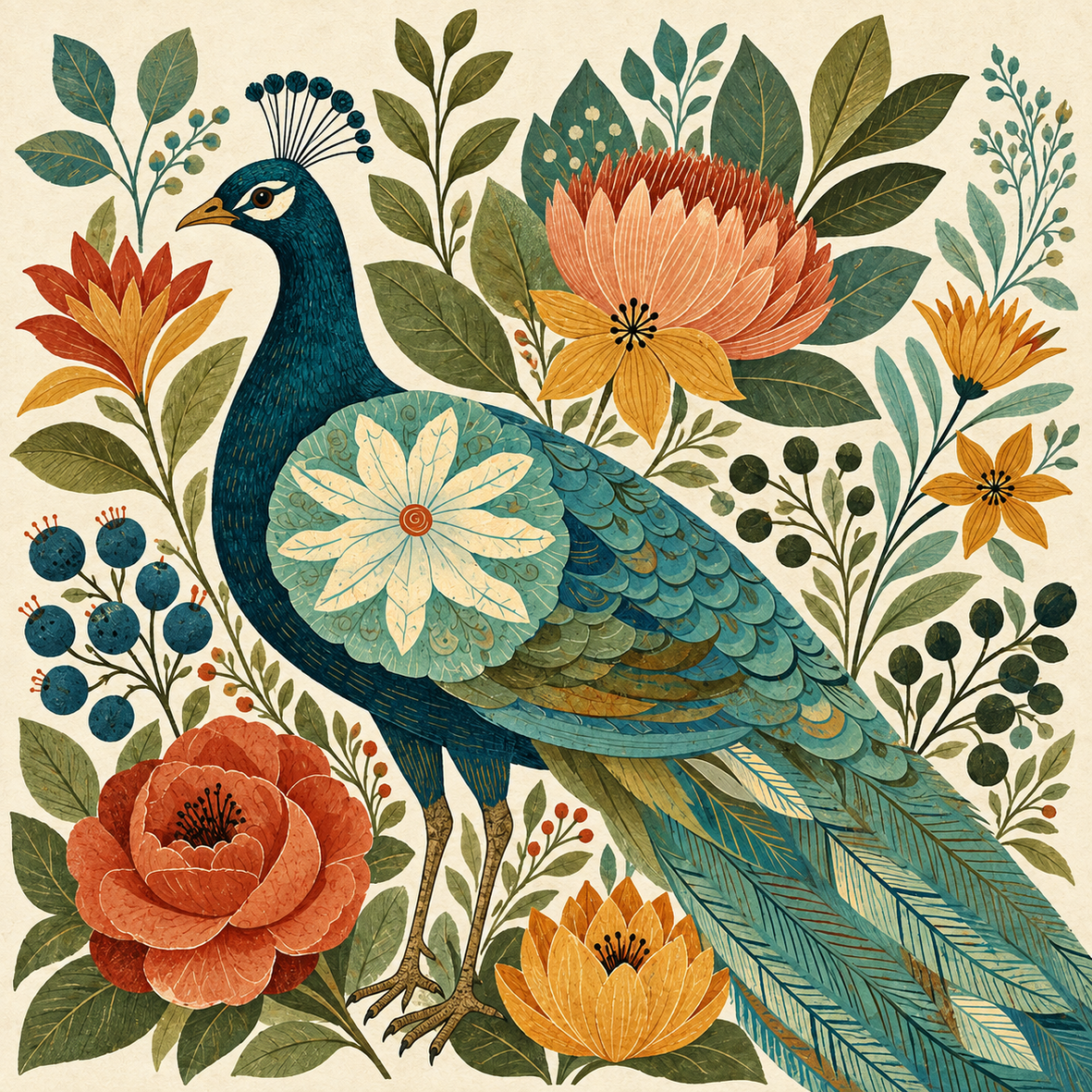 Pfau im Blütengarten | Kleines Kunstwerk aus Travertin